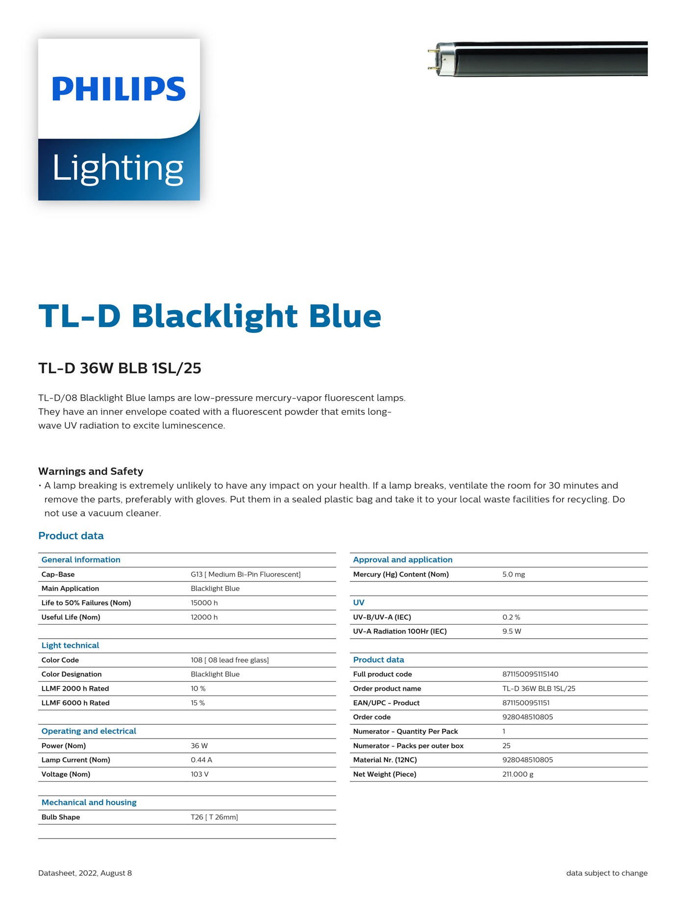 PHILIPS Blacklight Blue TL-D 36W BLB 1SL/25 928048510805