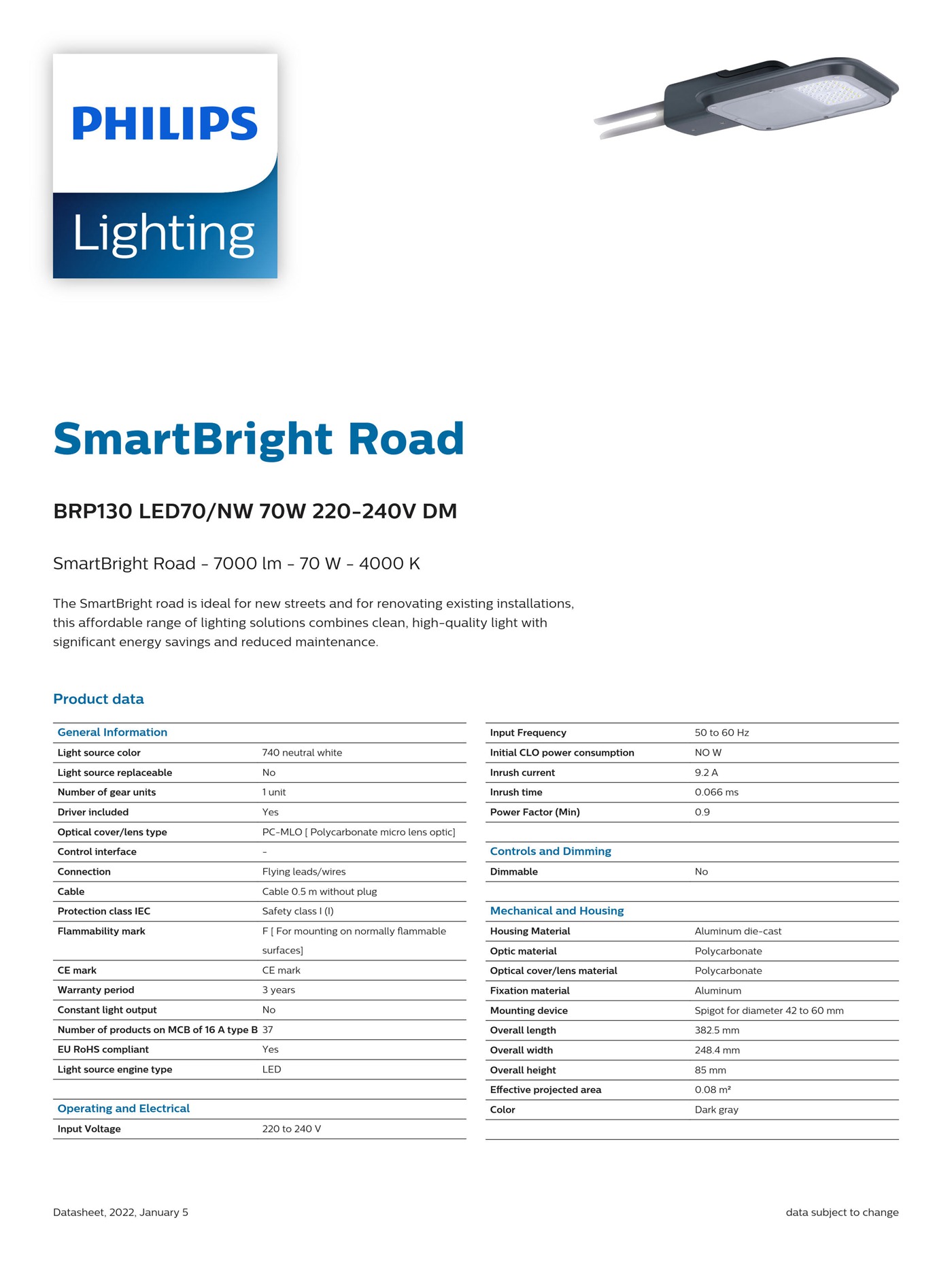 PHILIPS SmartBright Road BRP130 LED70/NW 70W 220-240V DM 911401635204