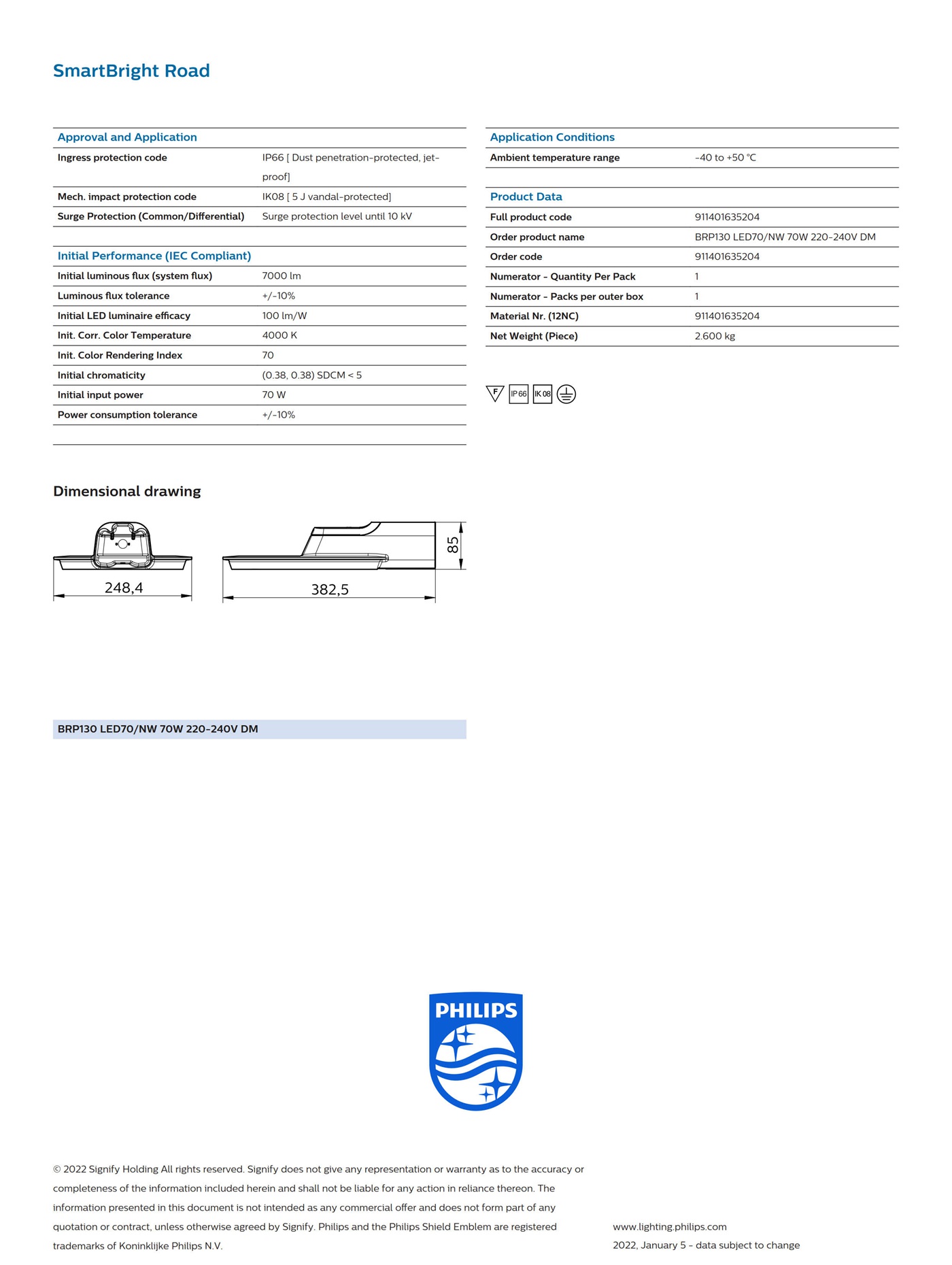 PHILIPS SmartBright Road BRP130 LED70/NW 70W 220-240V DM 911401635204