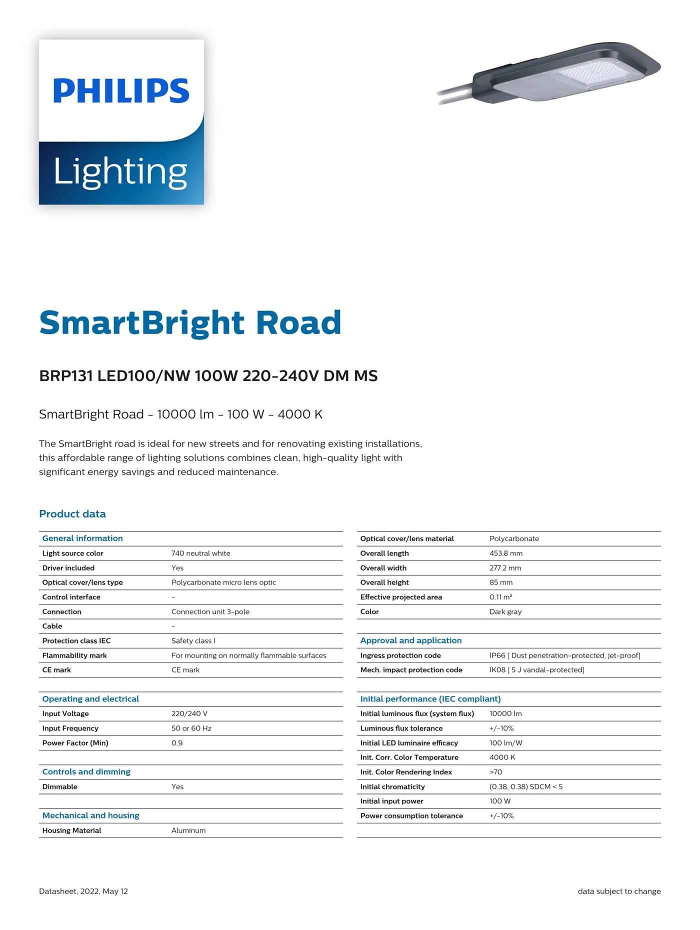 PHILIPS SmartBright Road BRP131 LED100/NW 100W 220-240V DM MS 911401654406