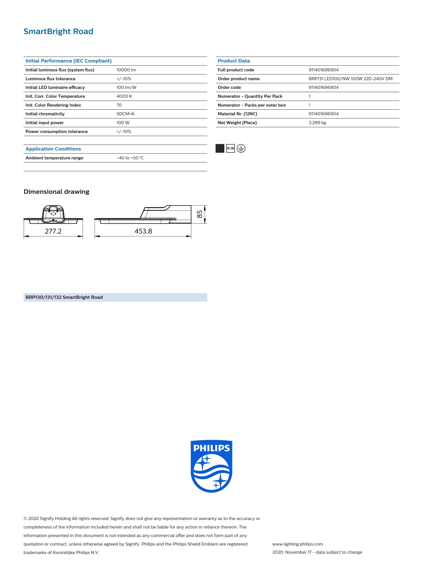 PHILIPS SmartBright Road BRP131 LED100/NW 100W 220-240V DM  911401696904