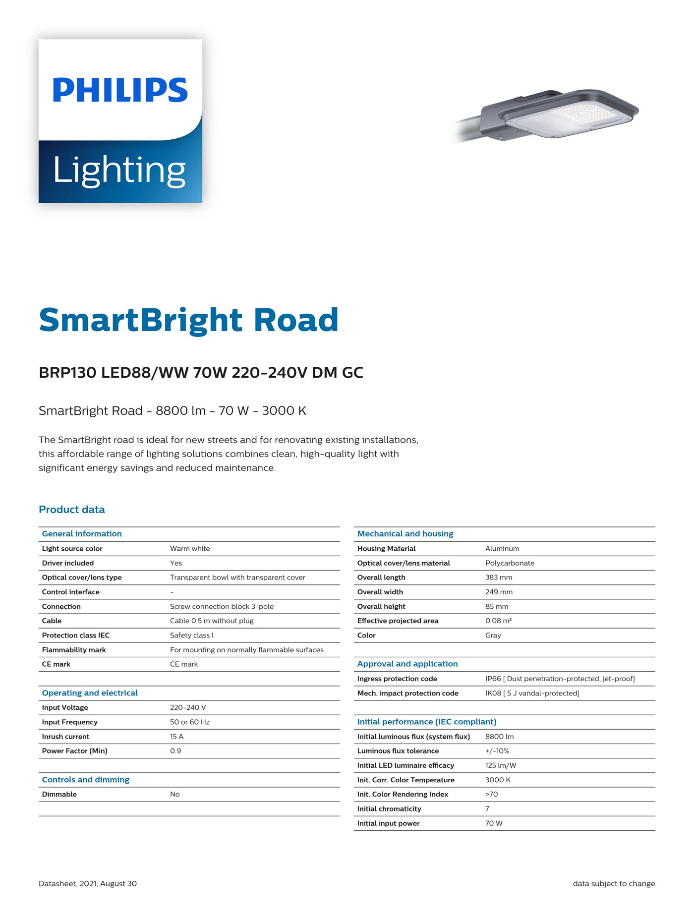 PHILIPS SmartBright Road BRP130 LED88/WW 70W 220-240V DM GC 911401675007
