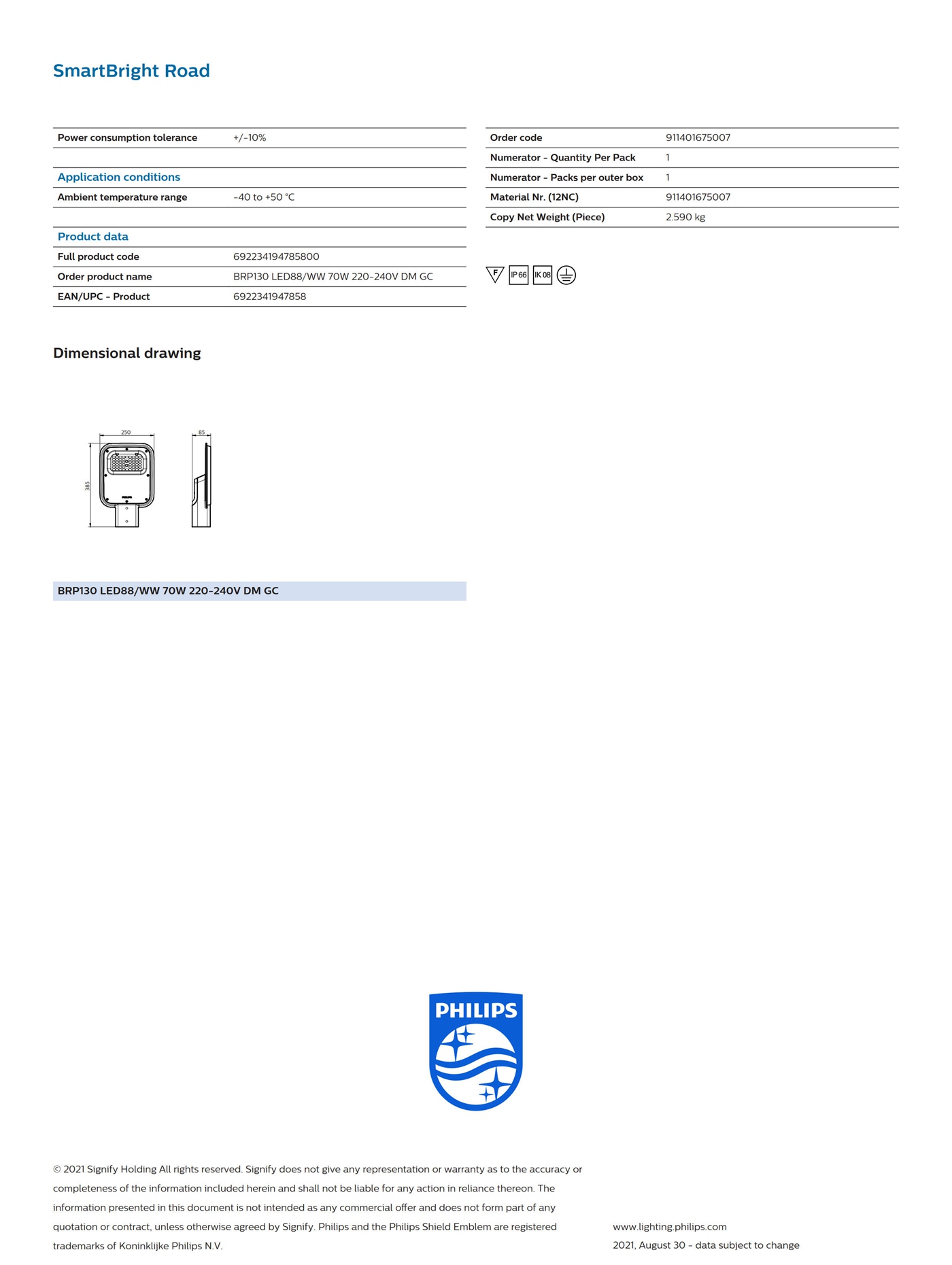 PHILIPS SmartBright Road BRP130 LED88/WW 70W 220-240V DM GC 911401675007