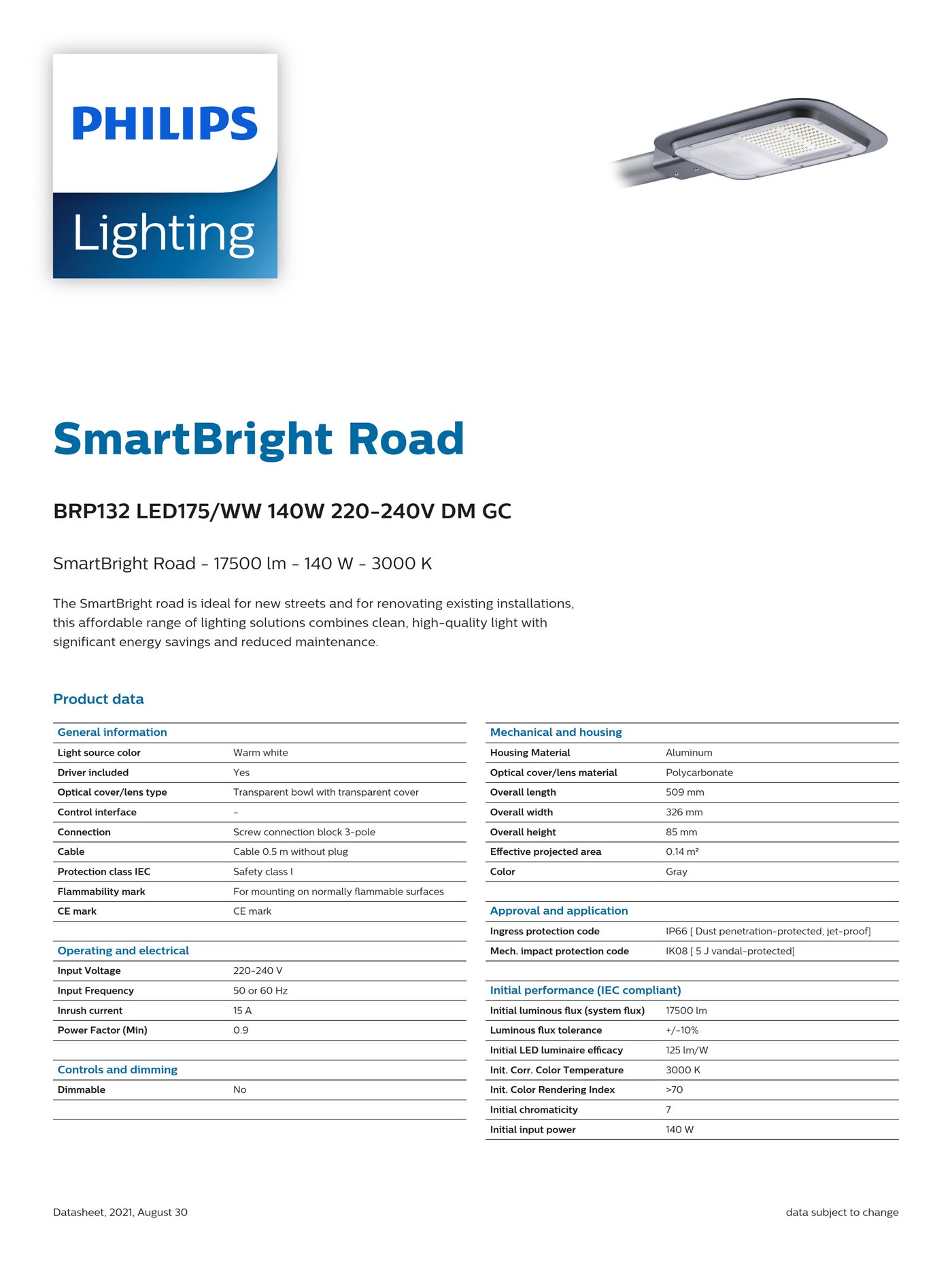 PHILIPS SmartBright Road BRP132 LED175/WW 140W 220-240V DM GC 911401675607