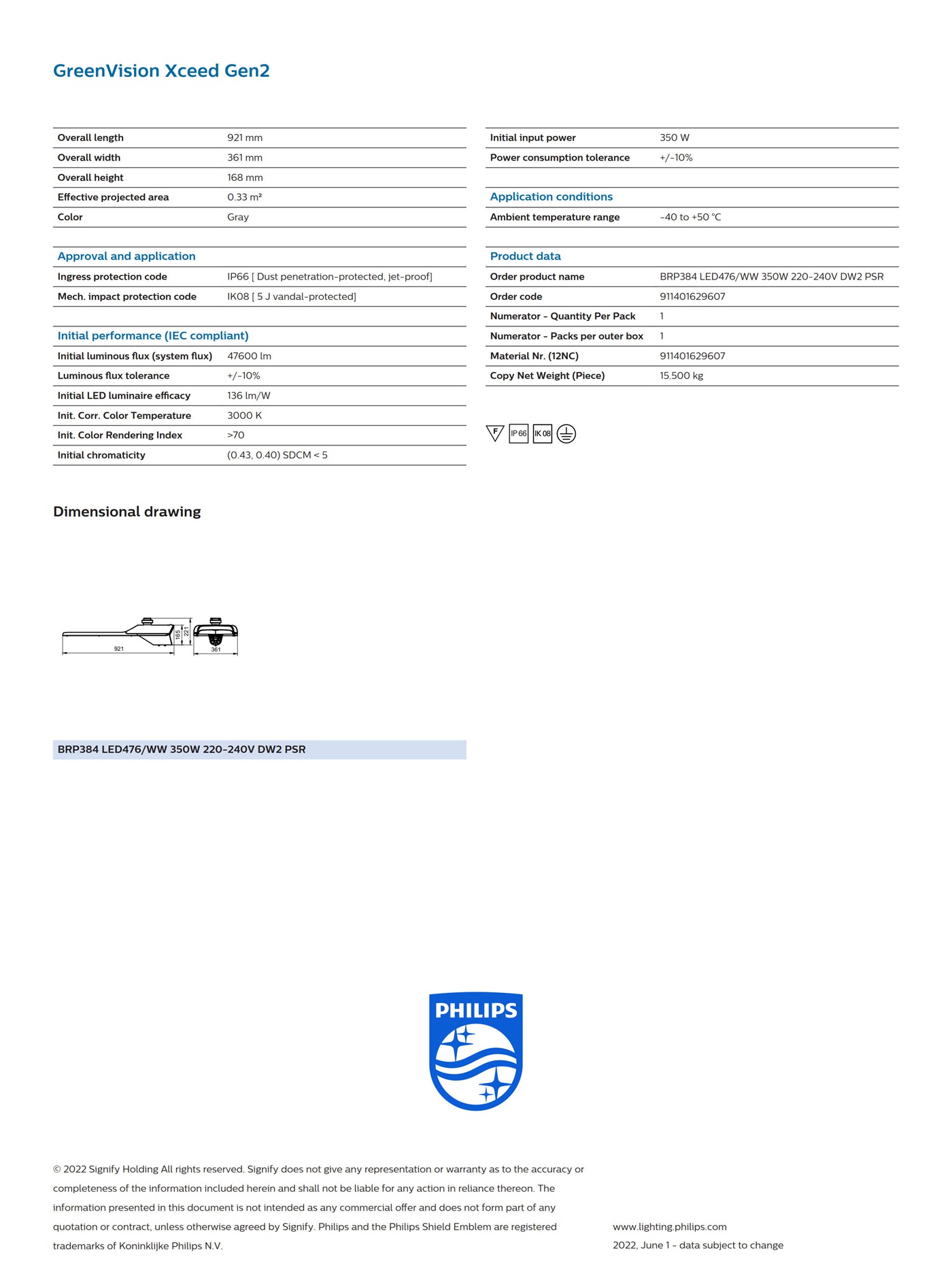 PHILIPS GreenVision Xceed Gen2 BRP384 LED476/WW 350W 220-240V DW2 PSR 911401629607