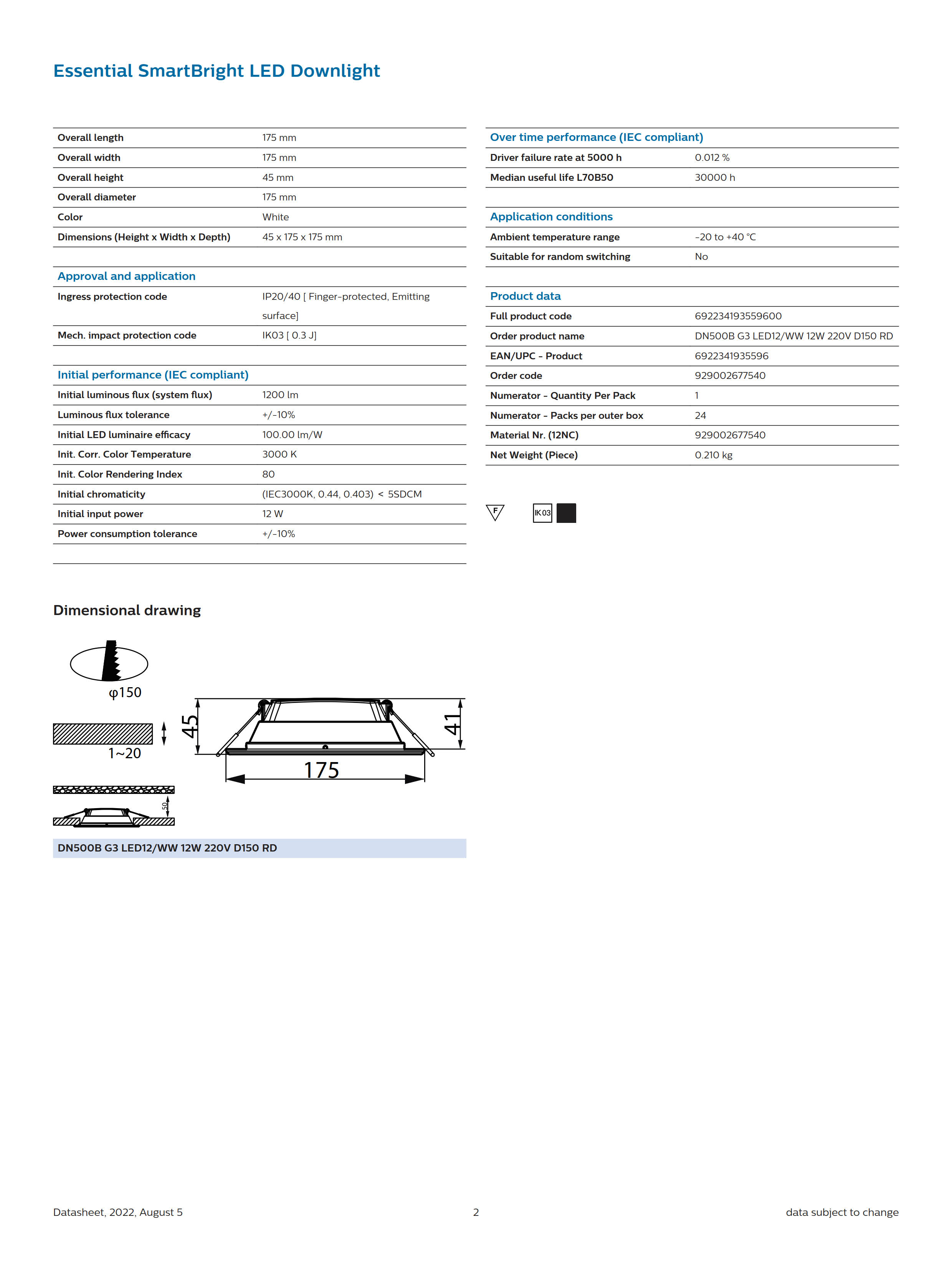 PHILIPS LED downlight DN500B G3 LED12/WW 13W 220V D150 RD 929002677540