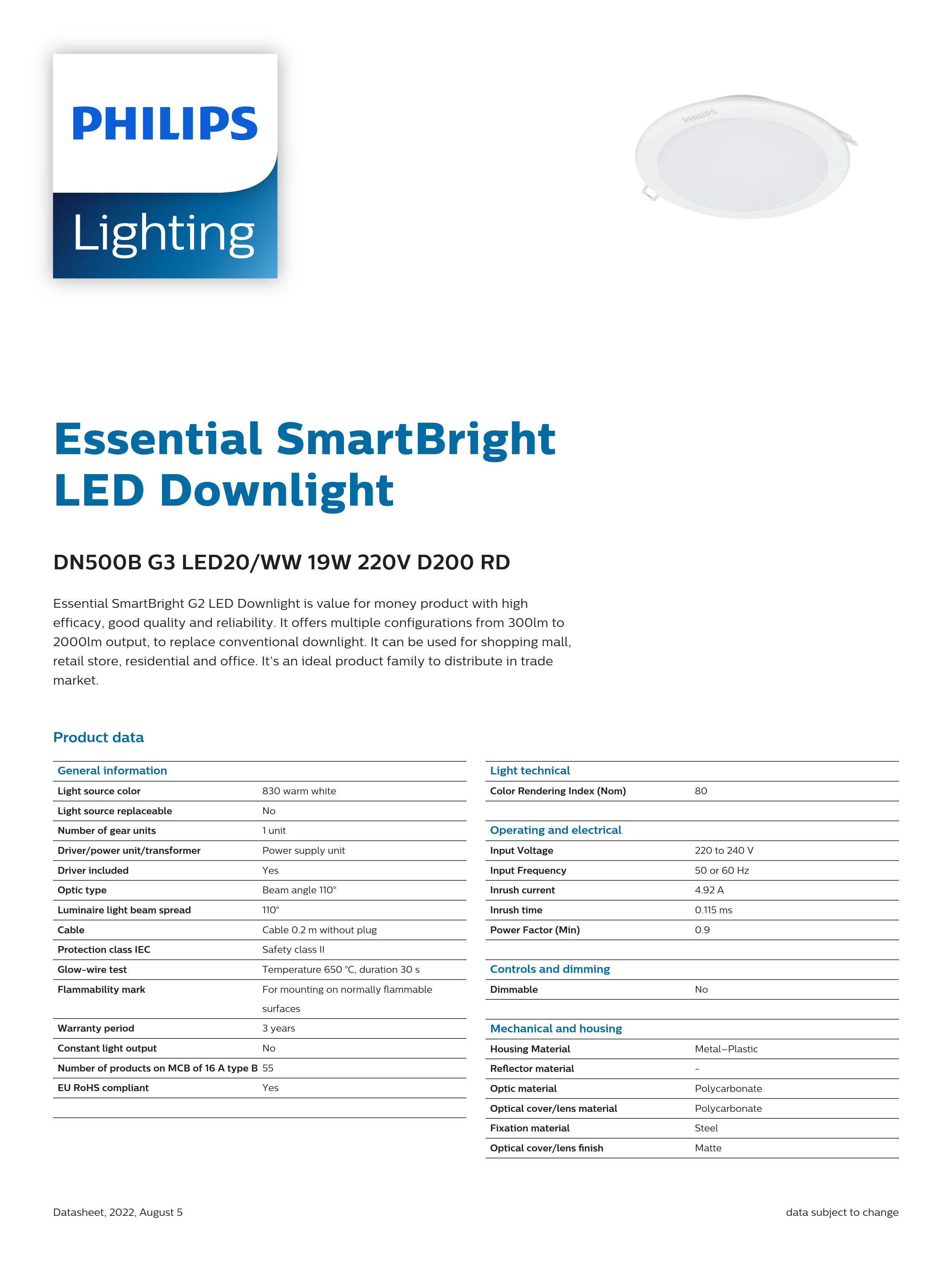 PHILIPS LED downlight DN500B G3 LED20/WW 19W 220V D200 RD 929002678140