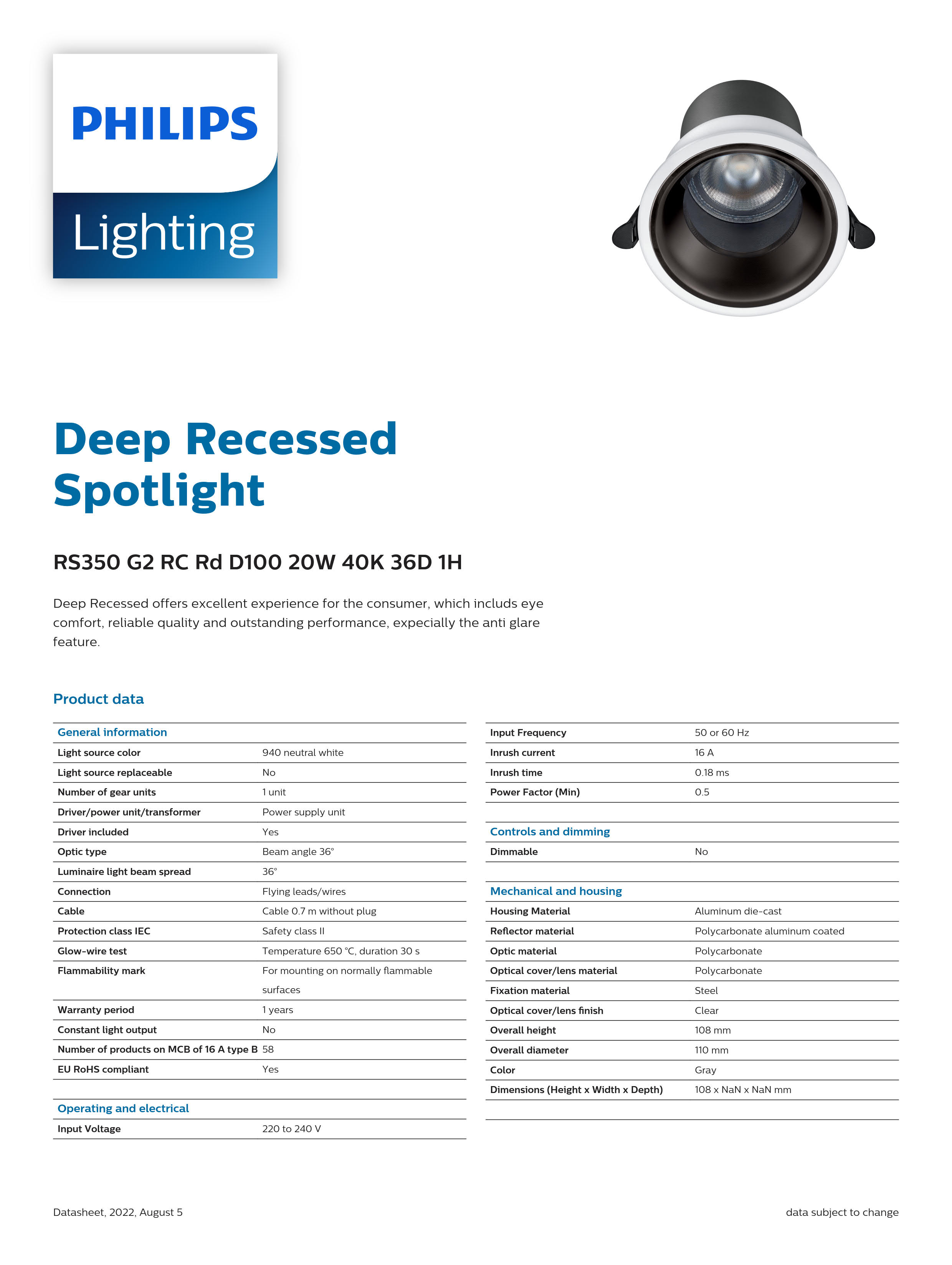 PHILIPS LED Recessed Spotlight RS350 G2 RC Rd D100 20W 40K 36D 1H 929003218410