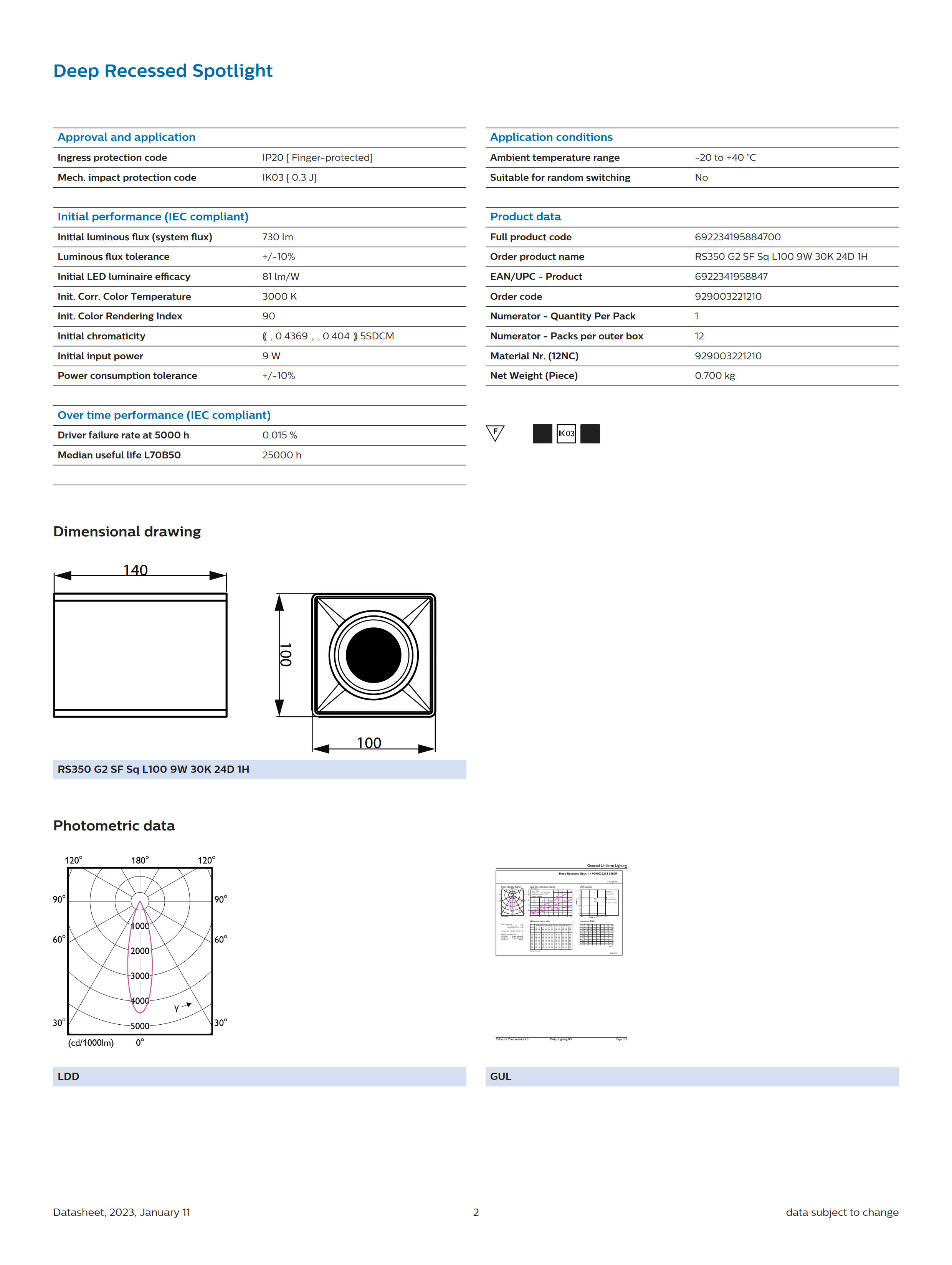 PHILIPS LED Spotlight Surface Mount RS350 G2 SF Sq L100 9W 30K 24D 1H 929003221210