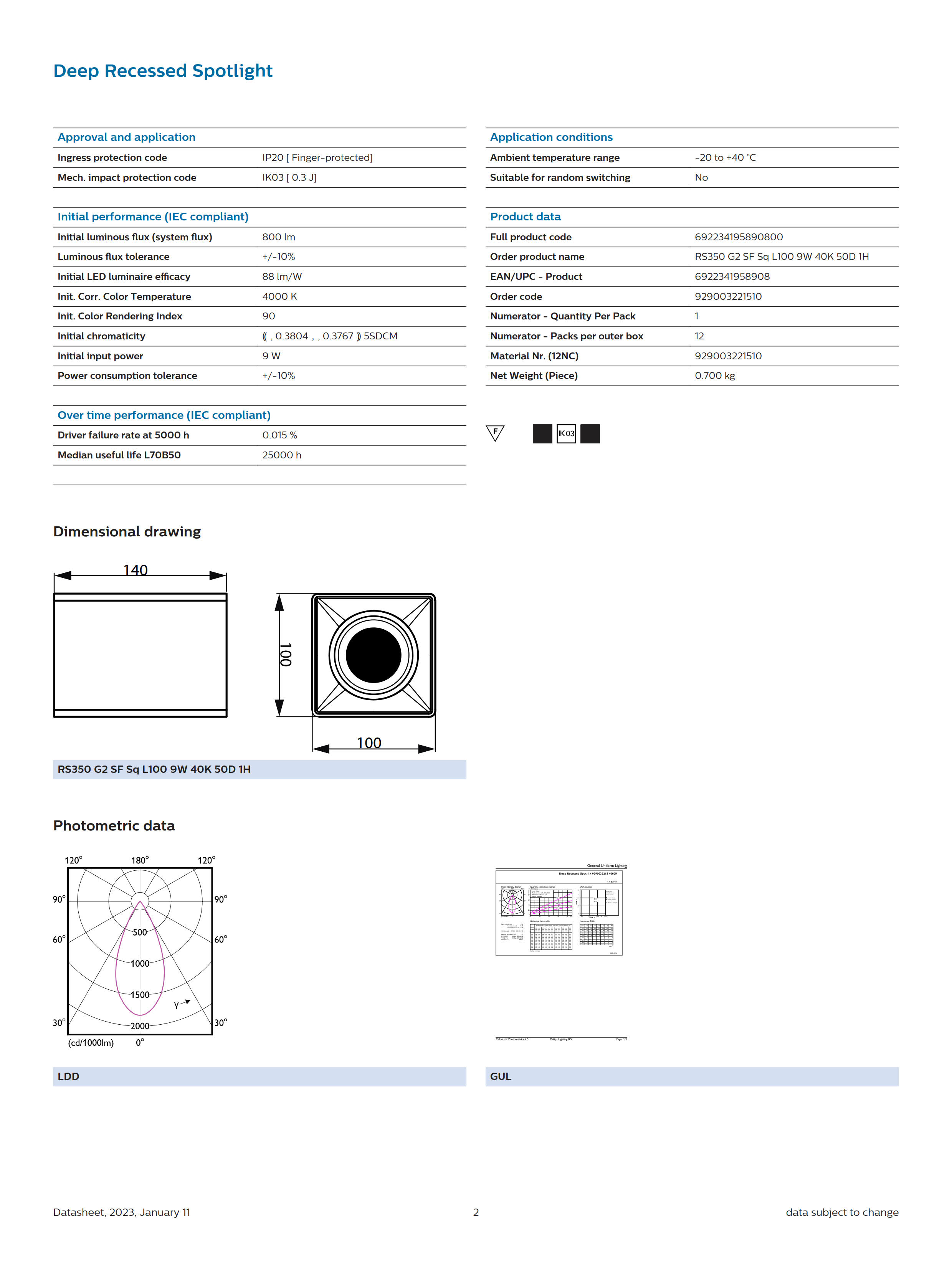 PHILIPS LED Spotlight Surface Mount RS350 G2 SF Sq L100 9W 40K 50D 1H 929003221510