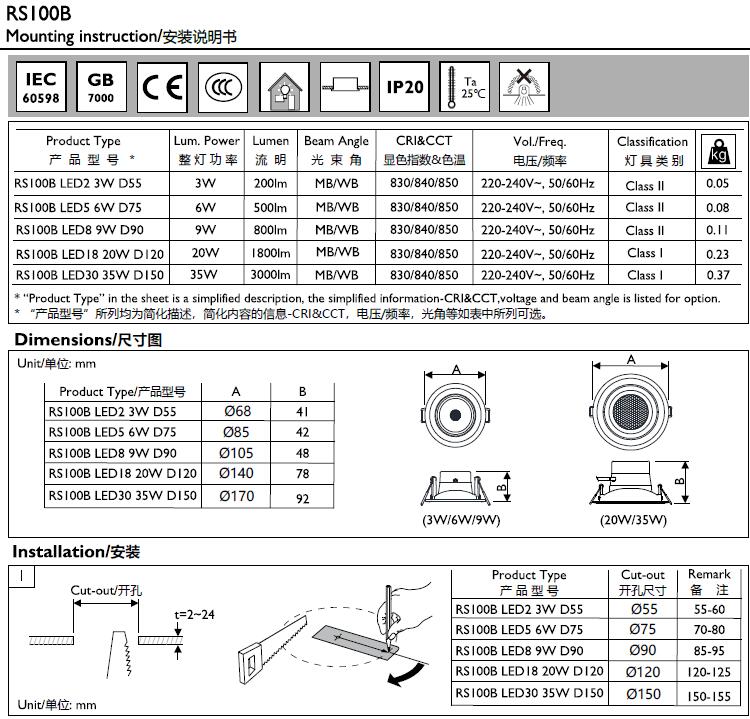 PHILIPS LED Spotlight RS100B LED2 830 3W 220V D55 MB CN 929001979710