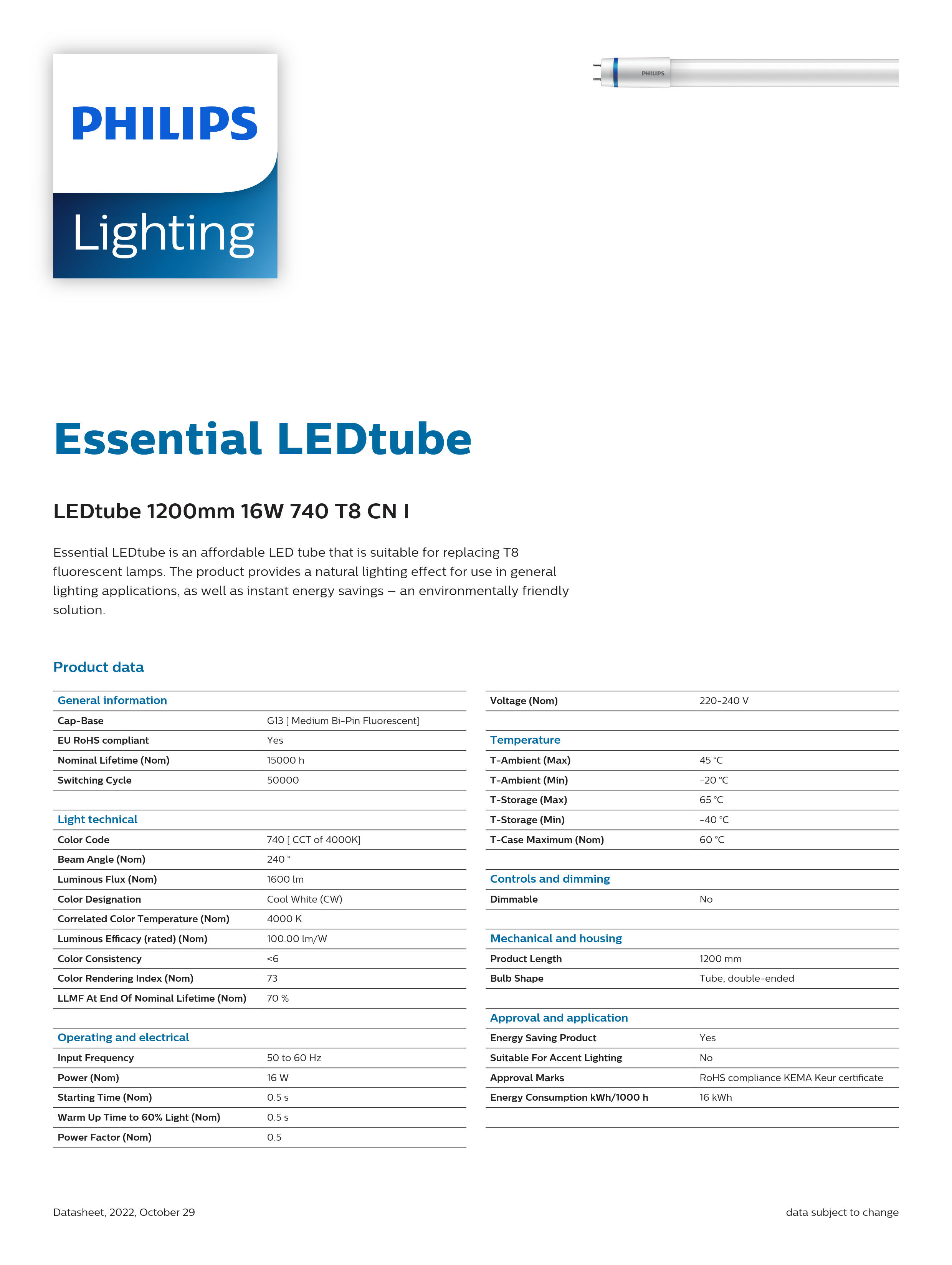 PHILIPS LED Ecofit tube T8 LEDtube 1200mm 16W 740 T8 CN I 929001127410
