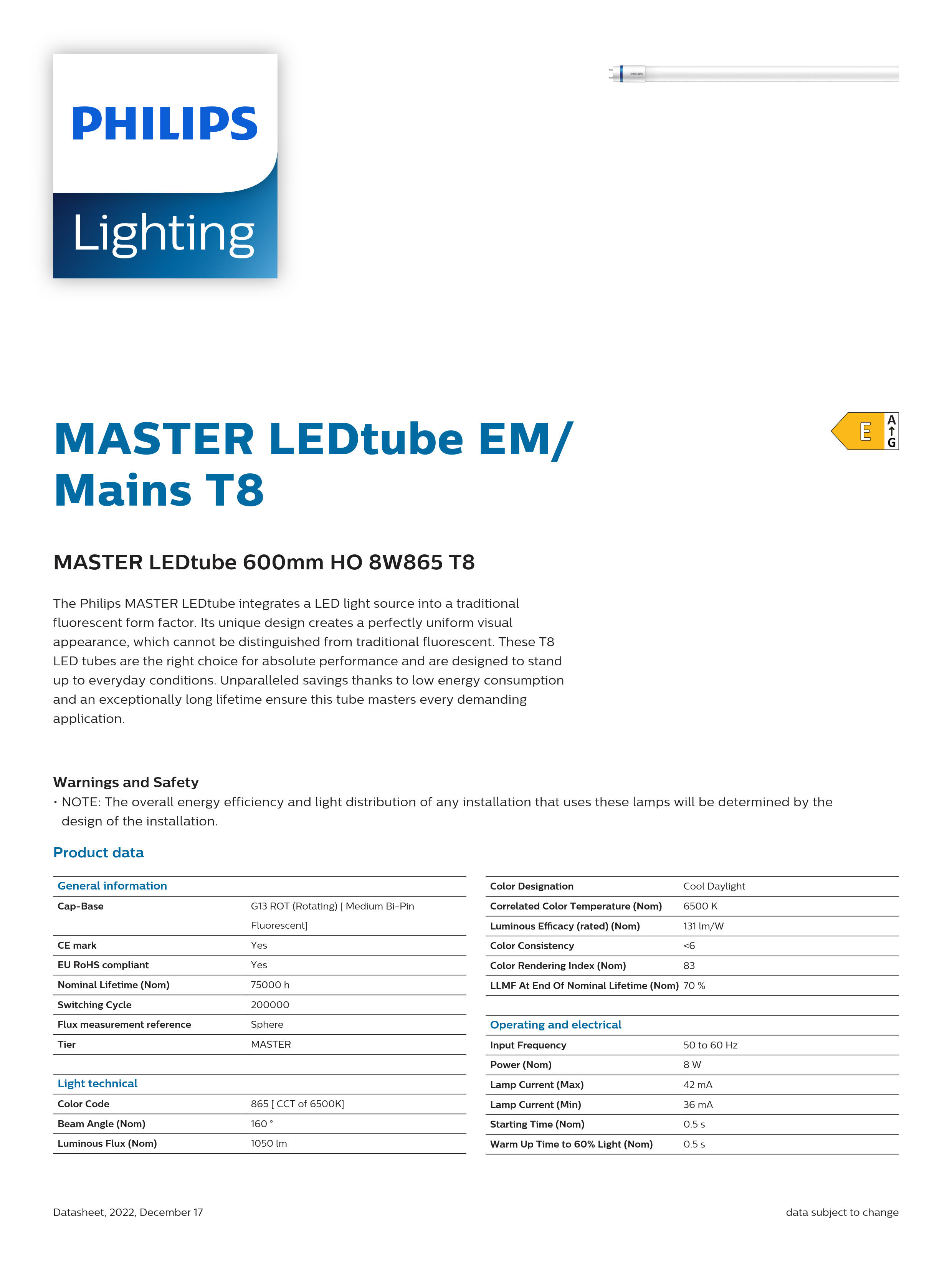 PHILIPS MASTER LEDtube 600mm HO 8W865 T8 929001299708