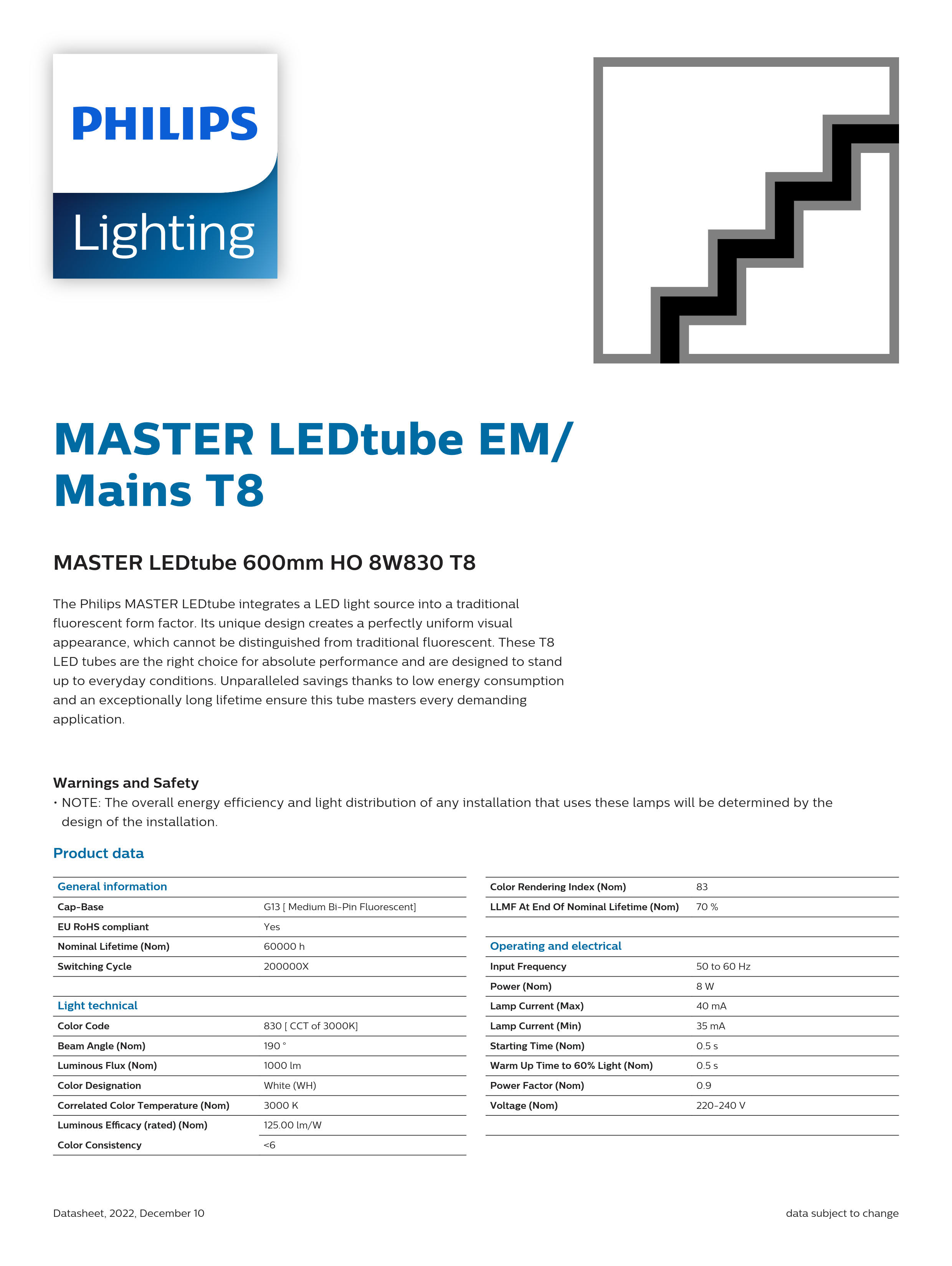 PHILIPS MASTER LEDtube 600mm Ho 8w 830 T8 929003557208