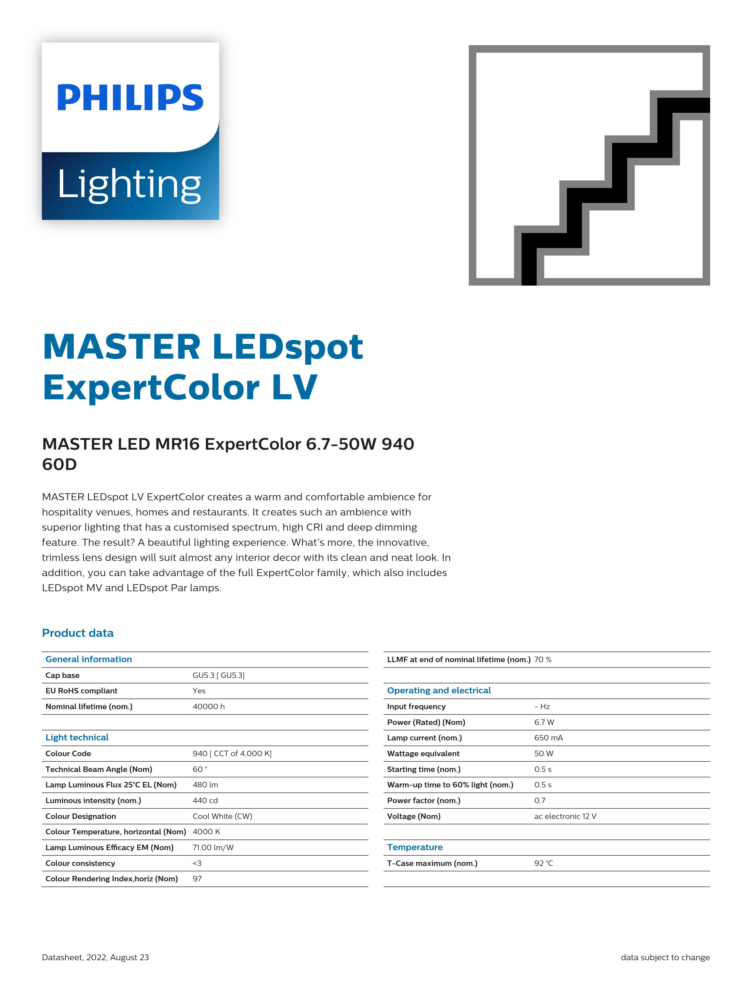 PHILIPS MASTER LED MR16 ExpertColor 6.7-50W 940 60D 929003078708