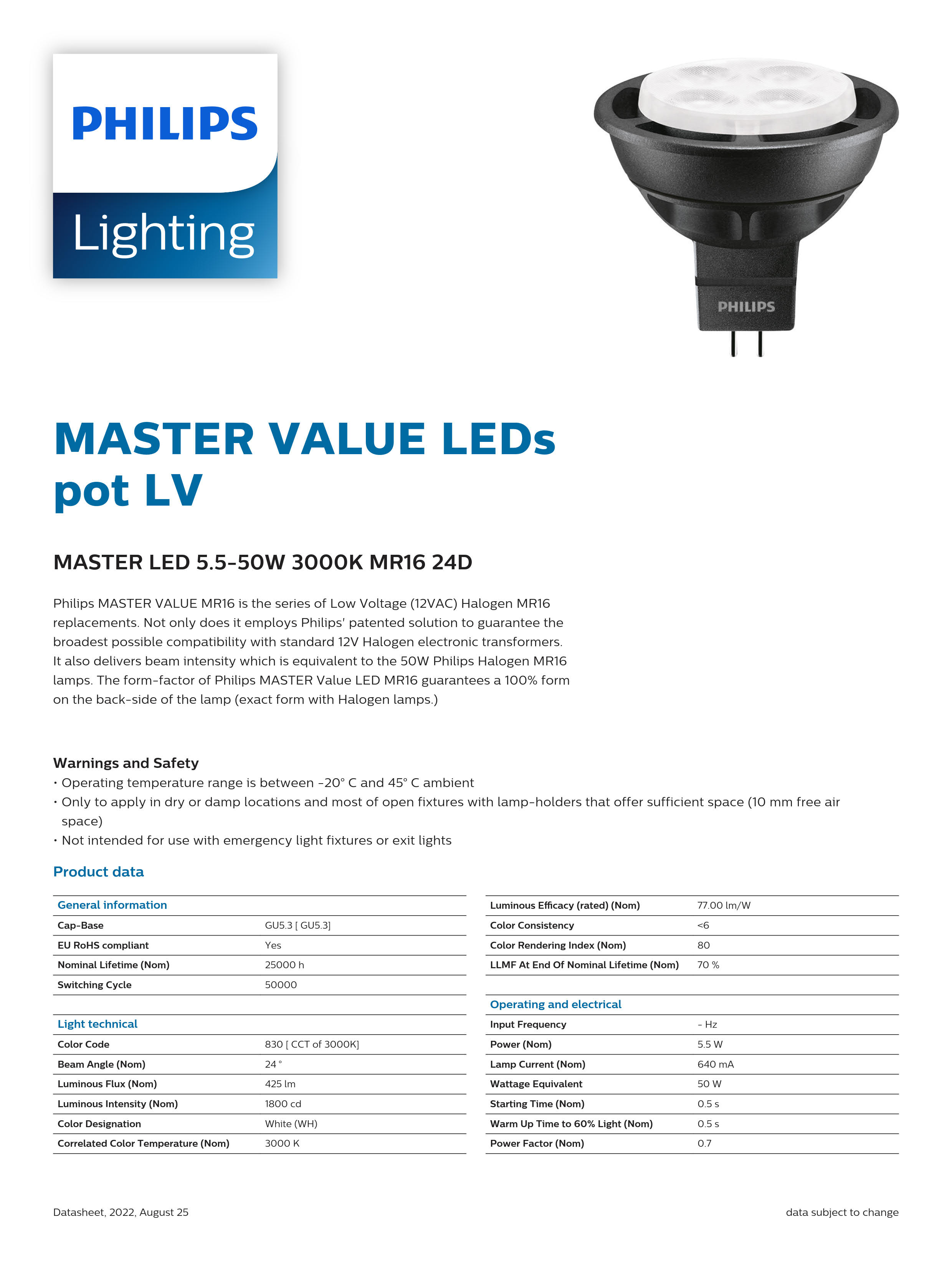 PHILIPS MASTER LED 5.5-50W 3000K MR16 24D 929001146708