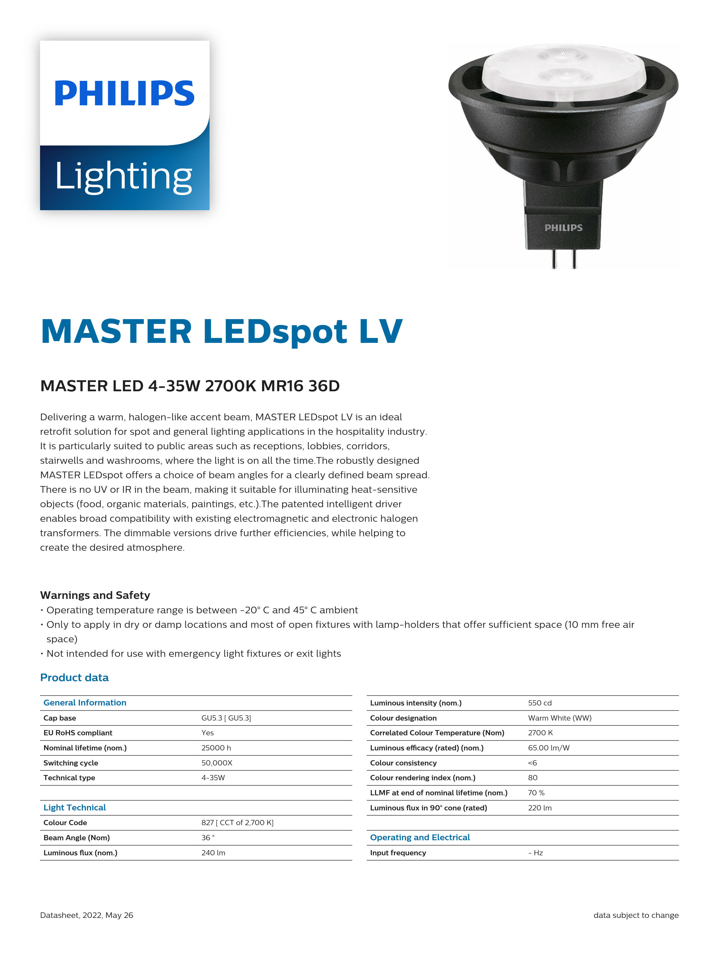 PHILIPS MASTER LED 4-35W 2700K MR16 36D 929001147508