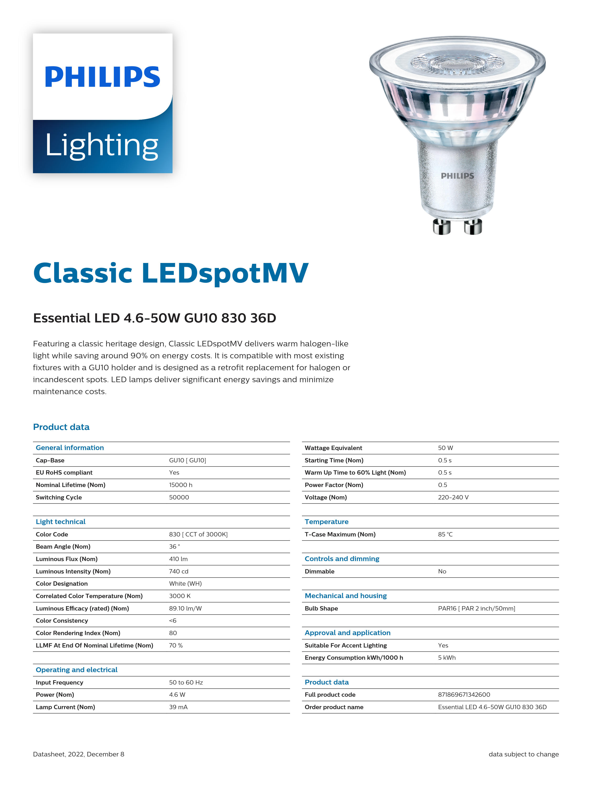 PHILIPS Essential LED 4.6-50W GU10 830 36D 929001218108