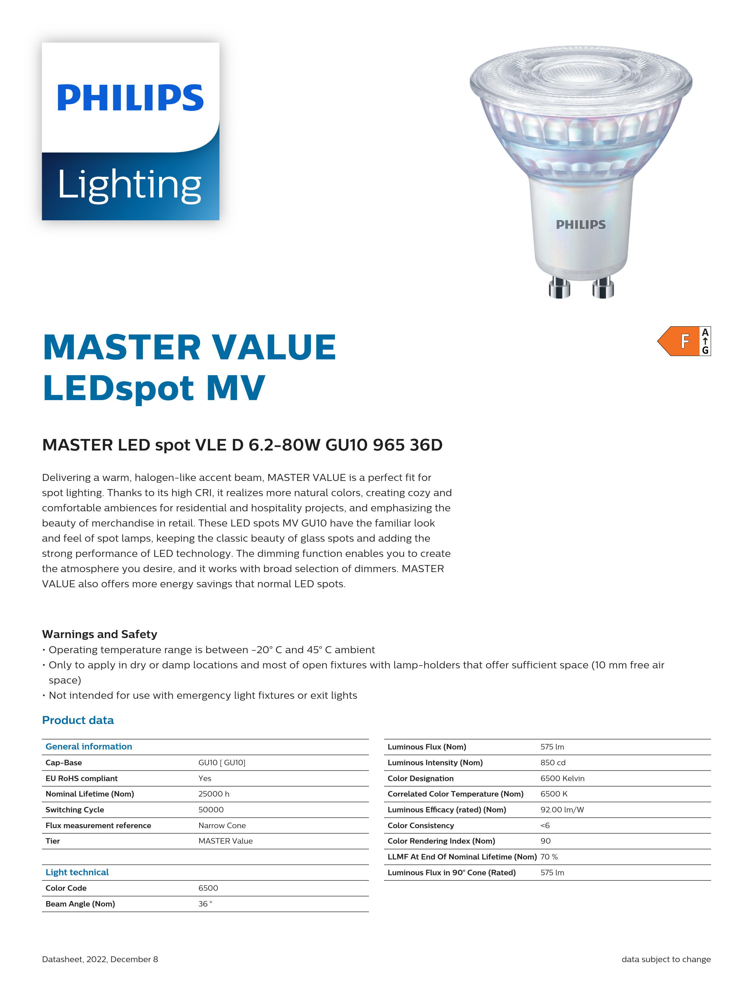 PHILIPS MASTER LED spot VLE D 6.2-80W GU10 965 36D 929002209902