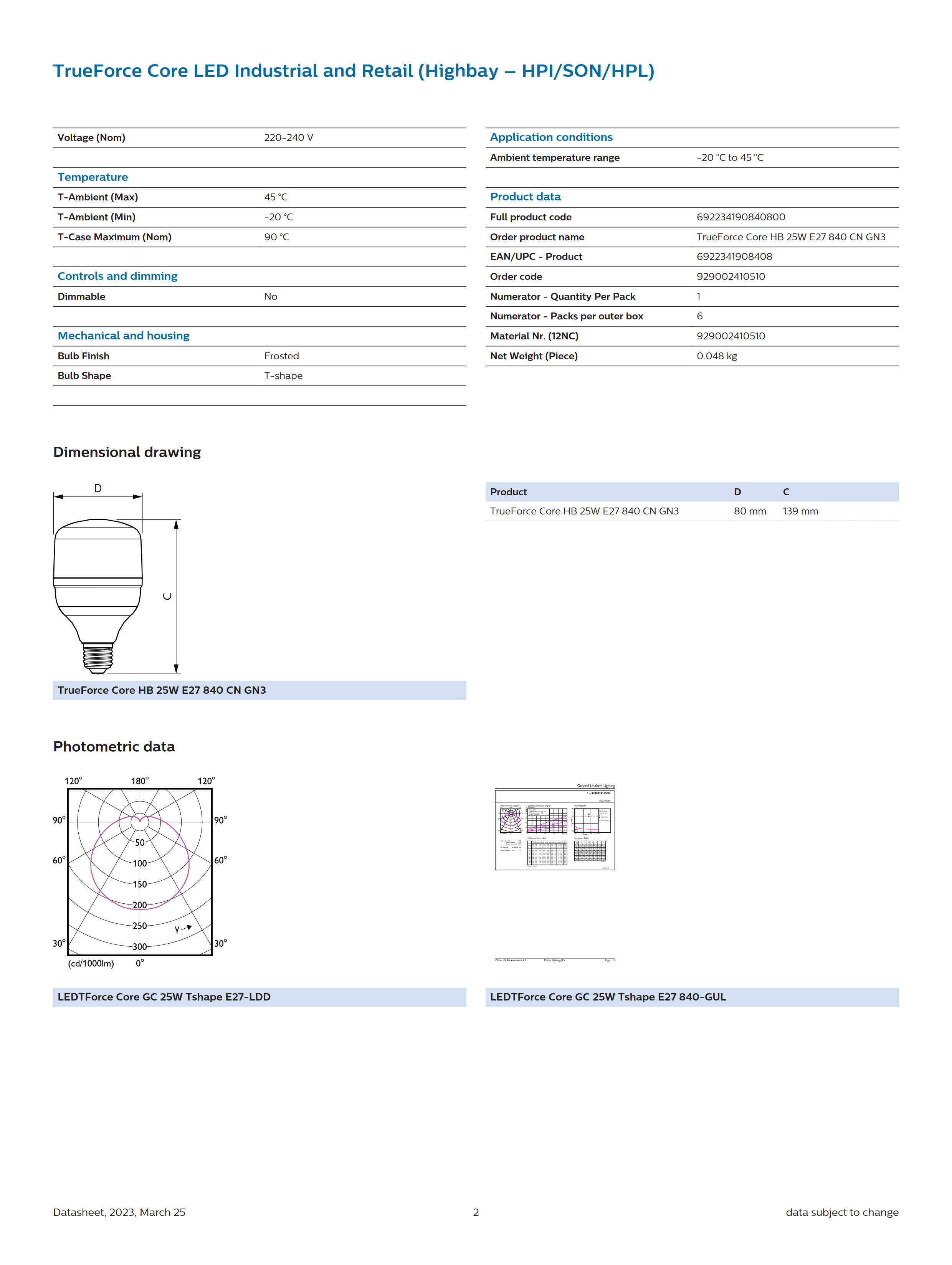 PHILIPS LED Bulb TrueForce Core HB 25W E27 840 CN GN3 929002410510