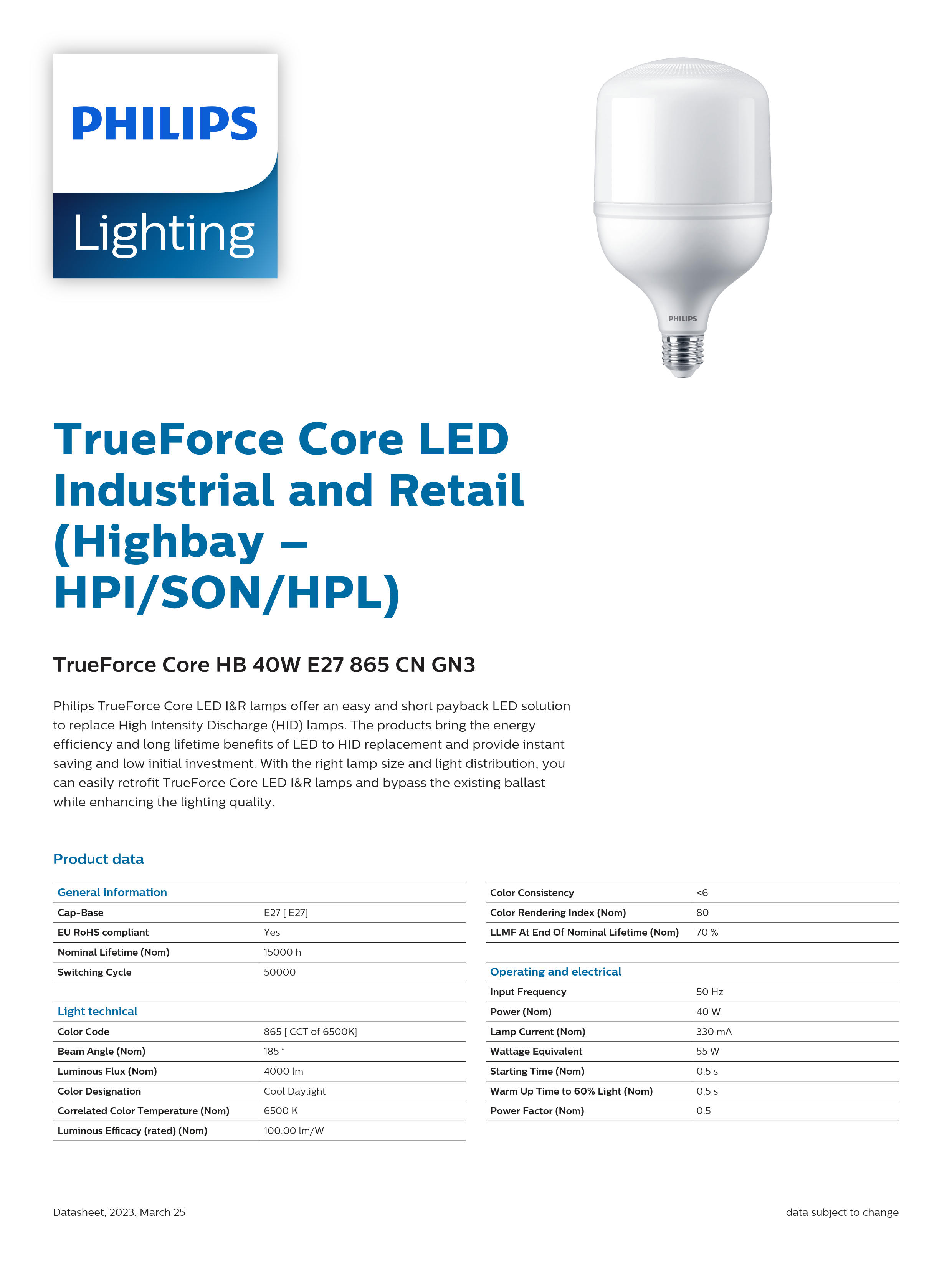 PHILIPS LED Bulb TrueForce Core HB 40W E27 865 CN GN3 29002408610