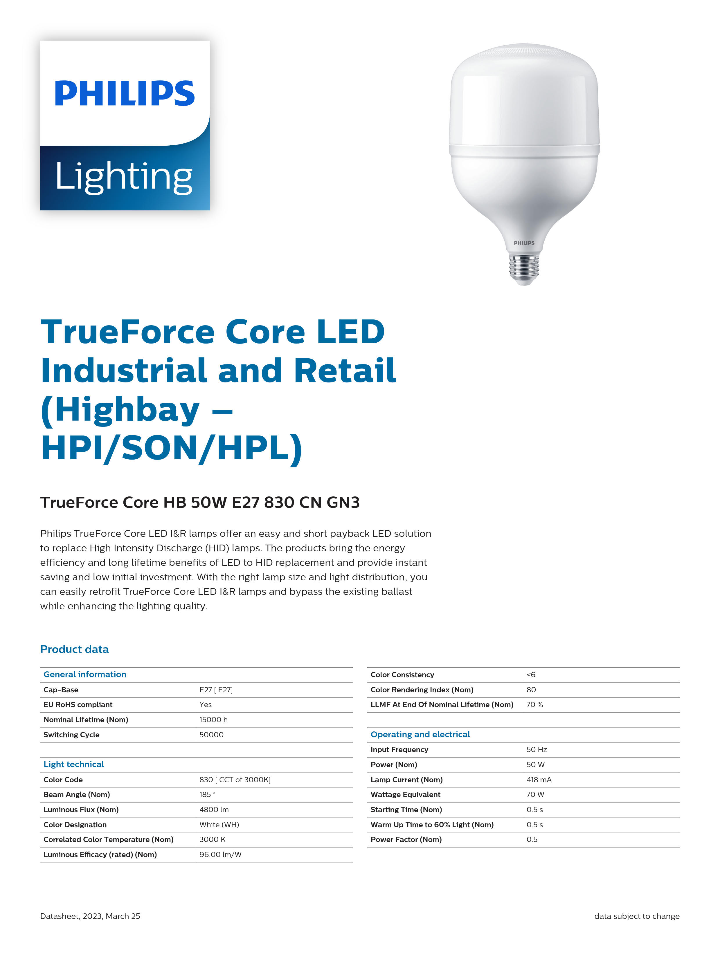 PHILIPS LED Bulb TrueForce Core HB 50W E27 830 CN GN3 929002408710