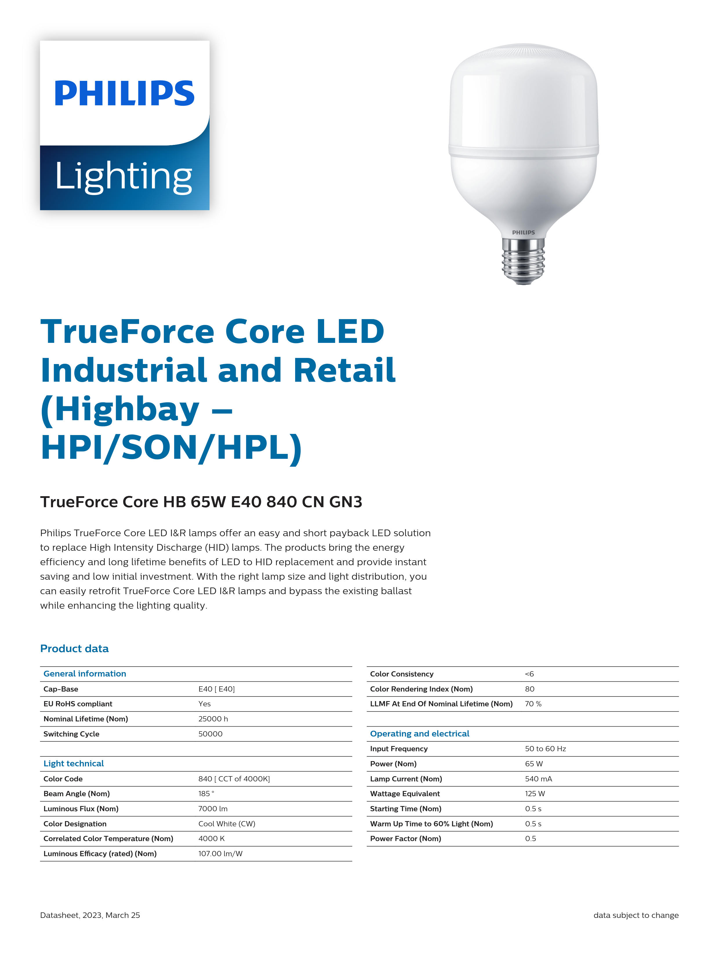 PHILIPS LED Bulb TrueForce Core HB 65W E40 840 CN GN3 929002409010