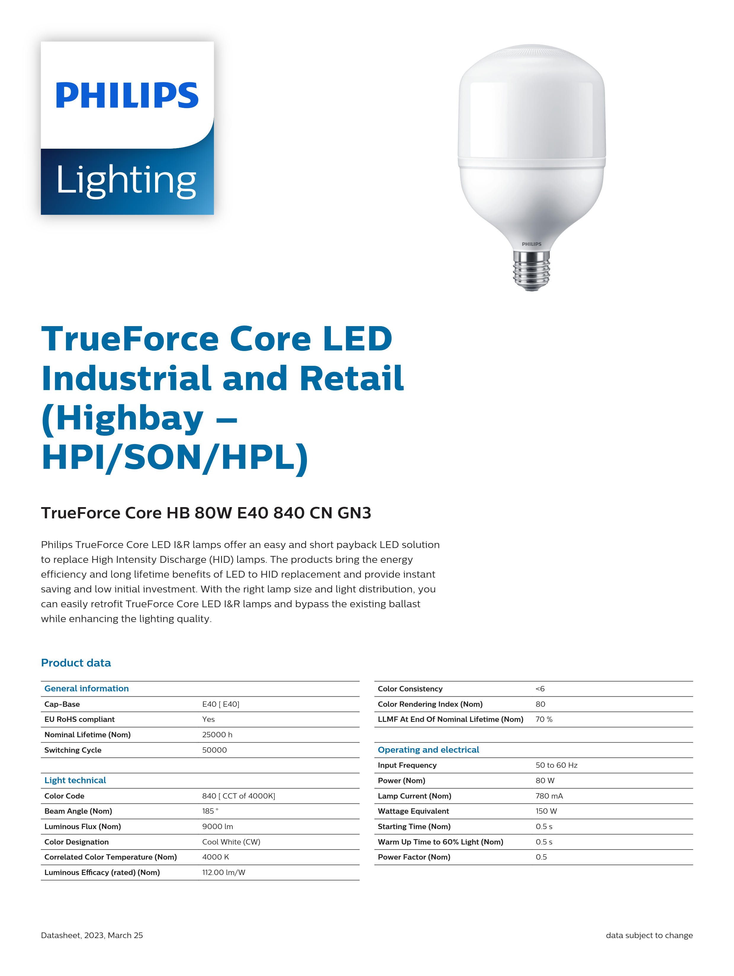 PHILIPS LED Bulb TrueForce Core HB 80W E40 840 CN GN3 929002409210