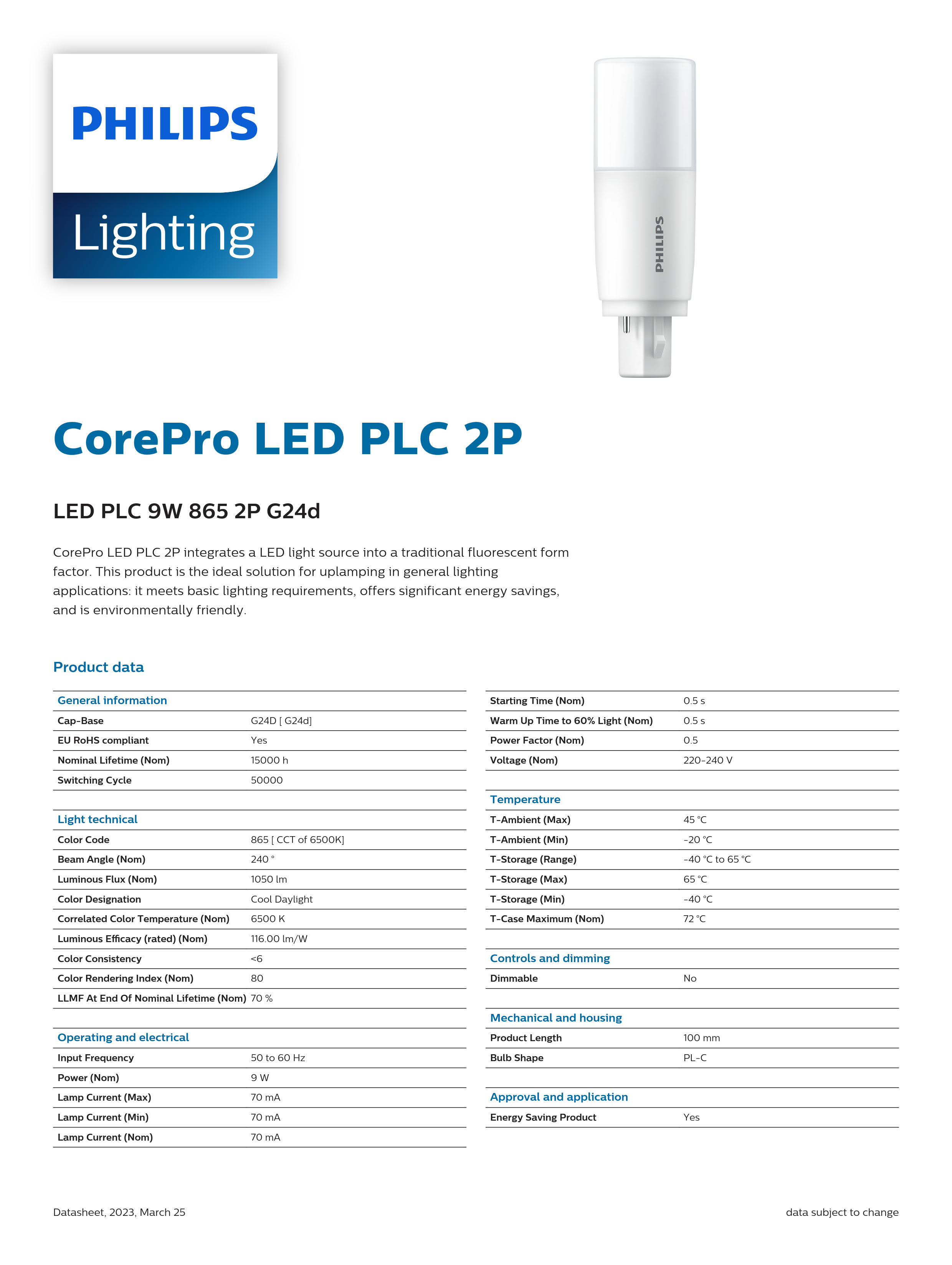 PHILIPS PLC light CorePro LED PLC 2P 9W 865 2P G24d 929001879410