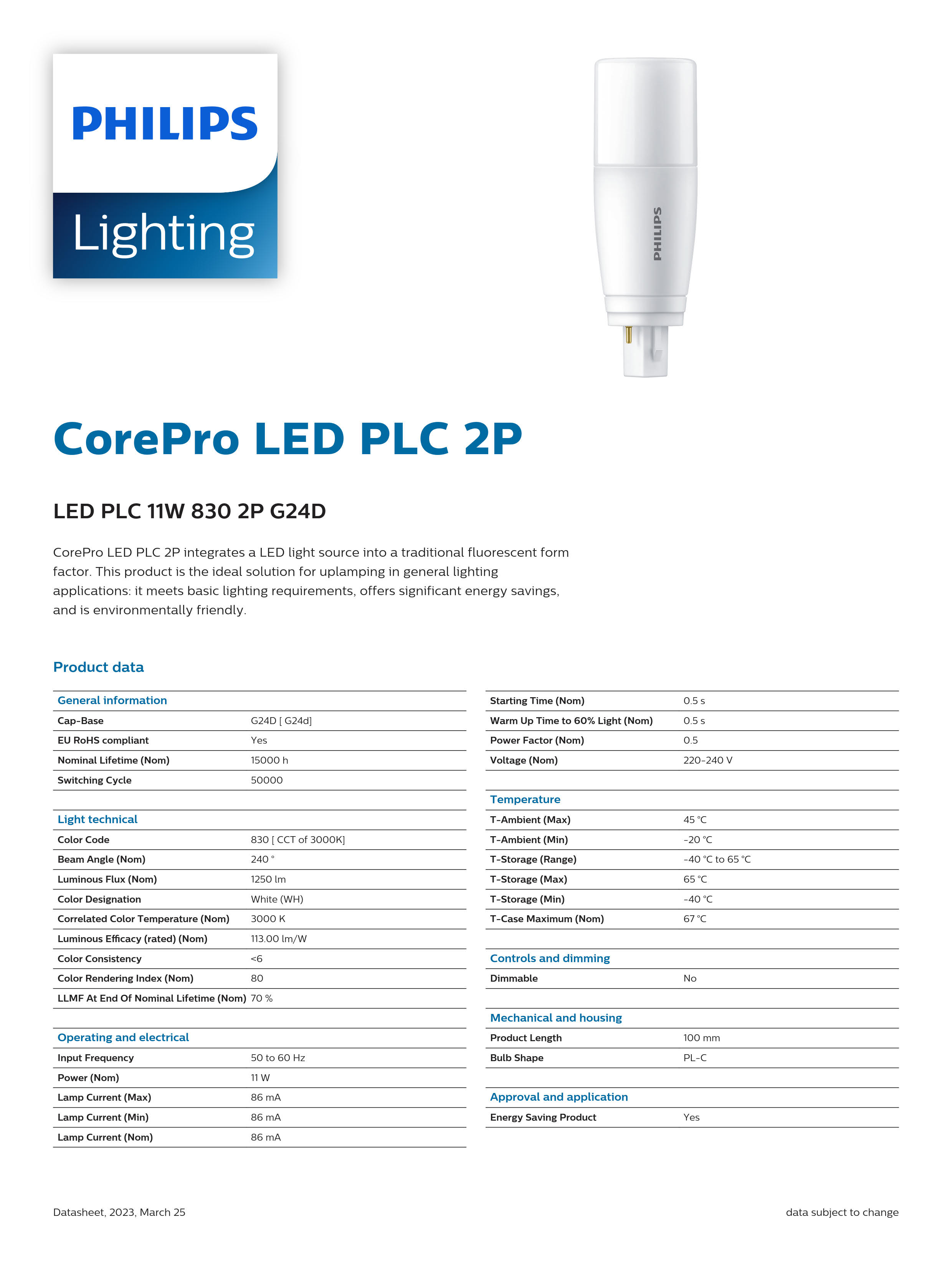 PHILIPS PLC light CorePro LED PLC 2P 11W 830 2P G24d 929002440210