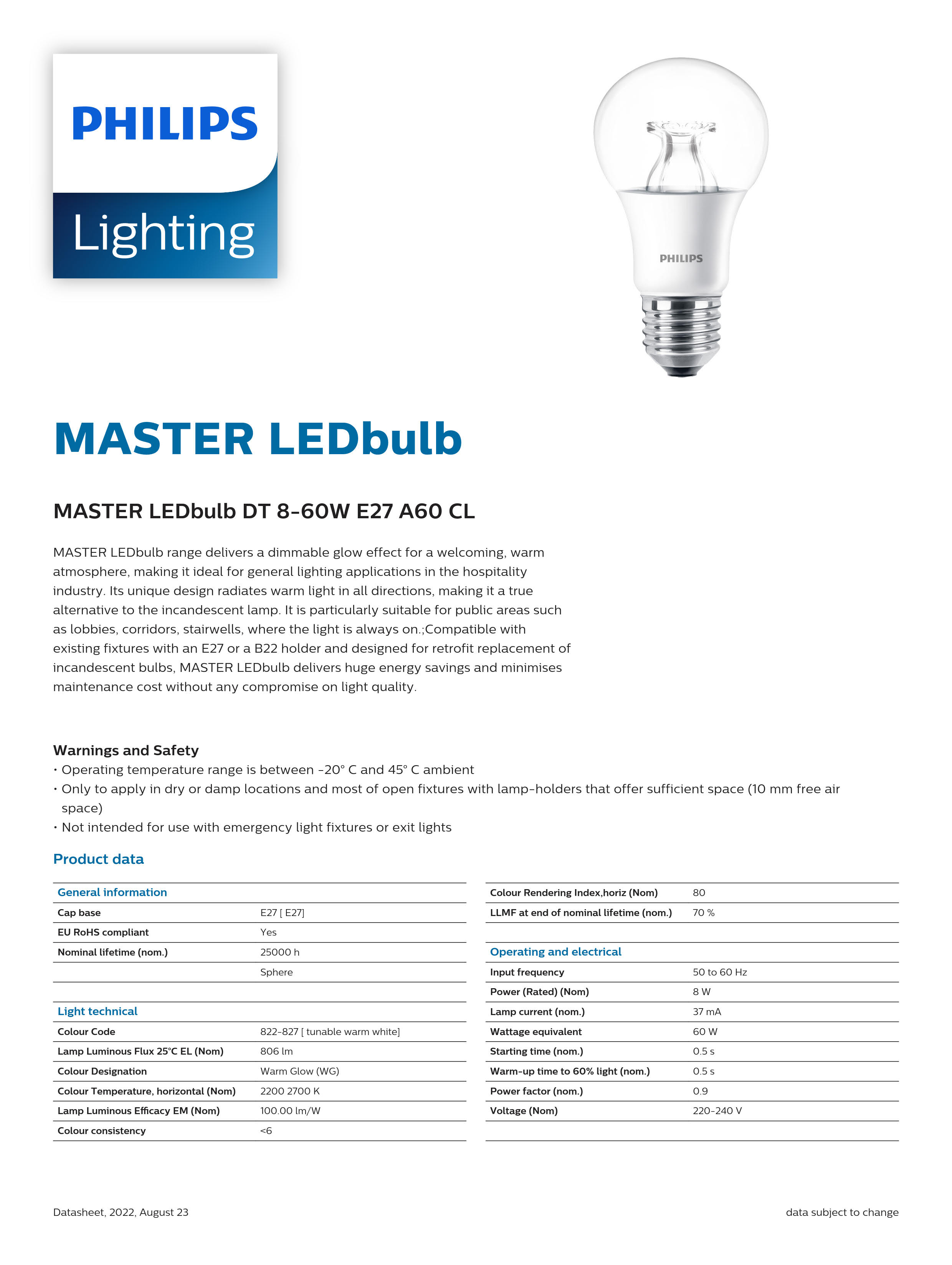 PHILIPS dimmable bulb MASTER LED bulb DT 8-60W E27 A60 CL 929002490232