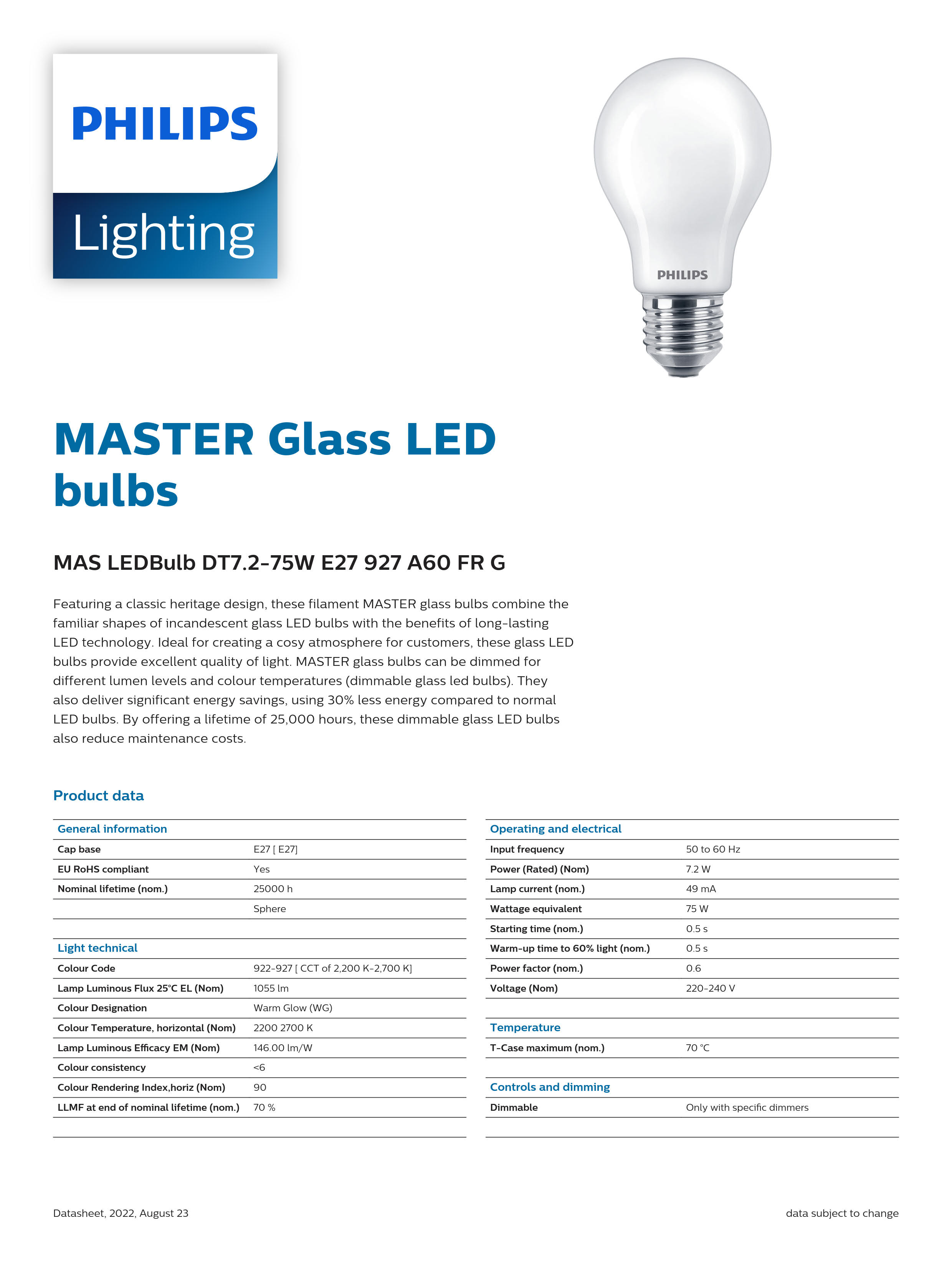 PHILIPS Dimmable bulb MASTER LEDBulb DT 7.2-75W E27 927 A60 FR G 929003011302