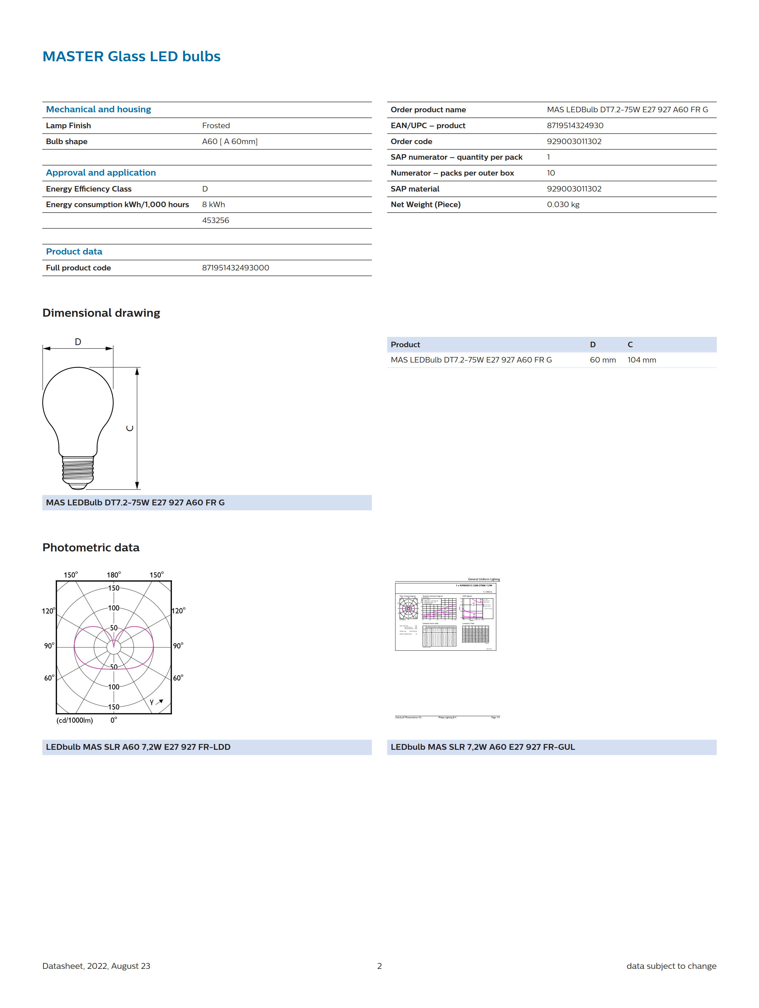 PHILIPS Dimmable bulb MASTER LEDBulb DT 7.2-75W E27 927 A60 FR G 929003011302