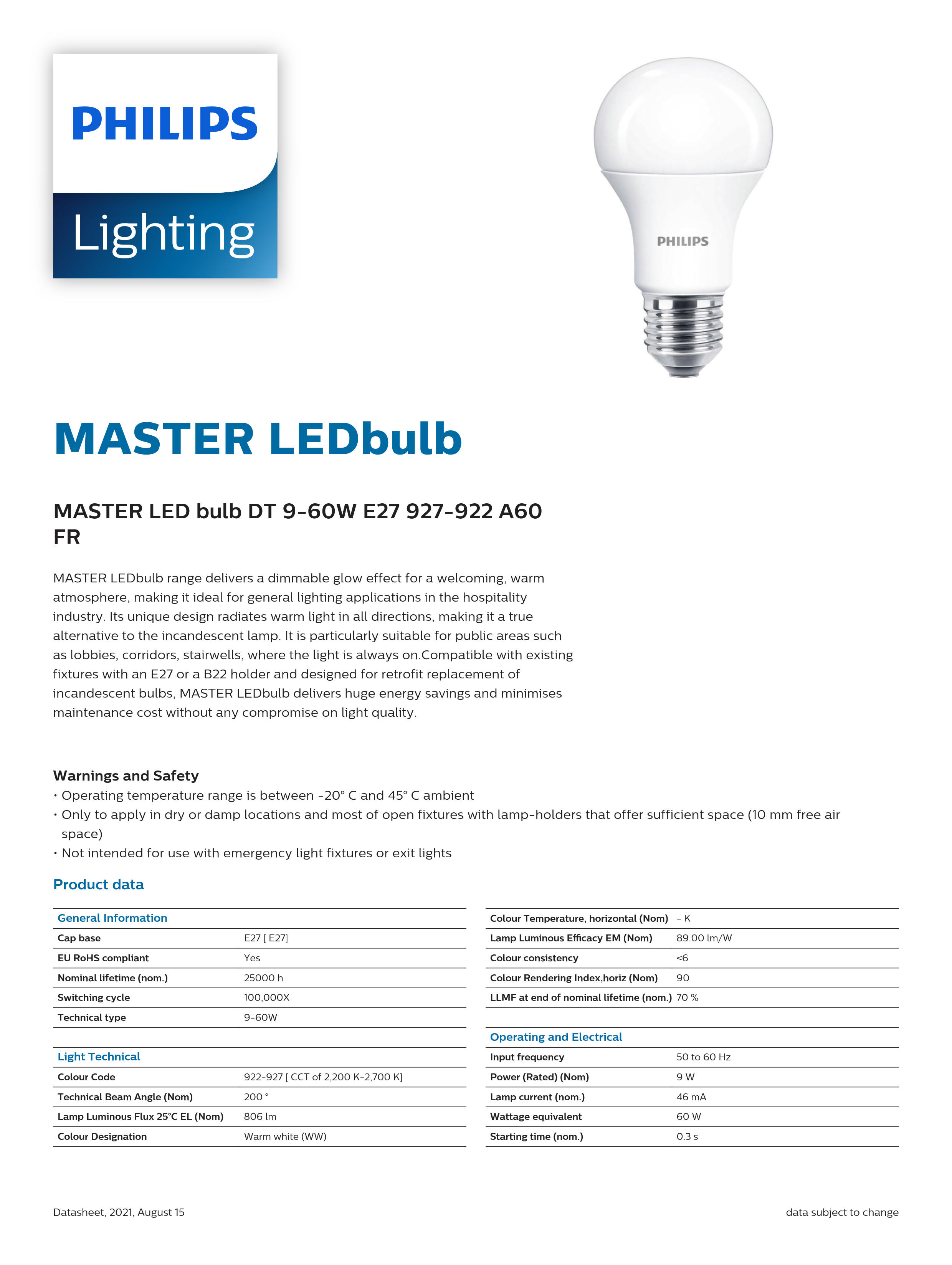 PHILIPS Dimmable BULB MASTER LED bulb DT 9-60W E27 927-922 A60 FR 929001351402