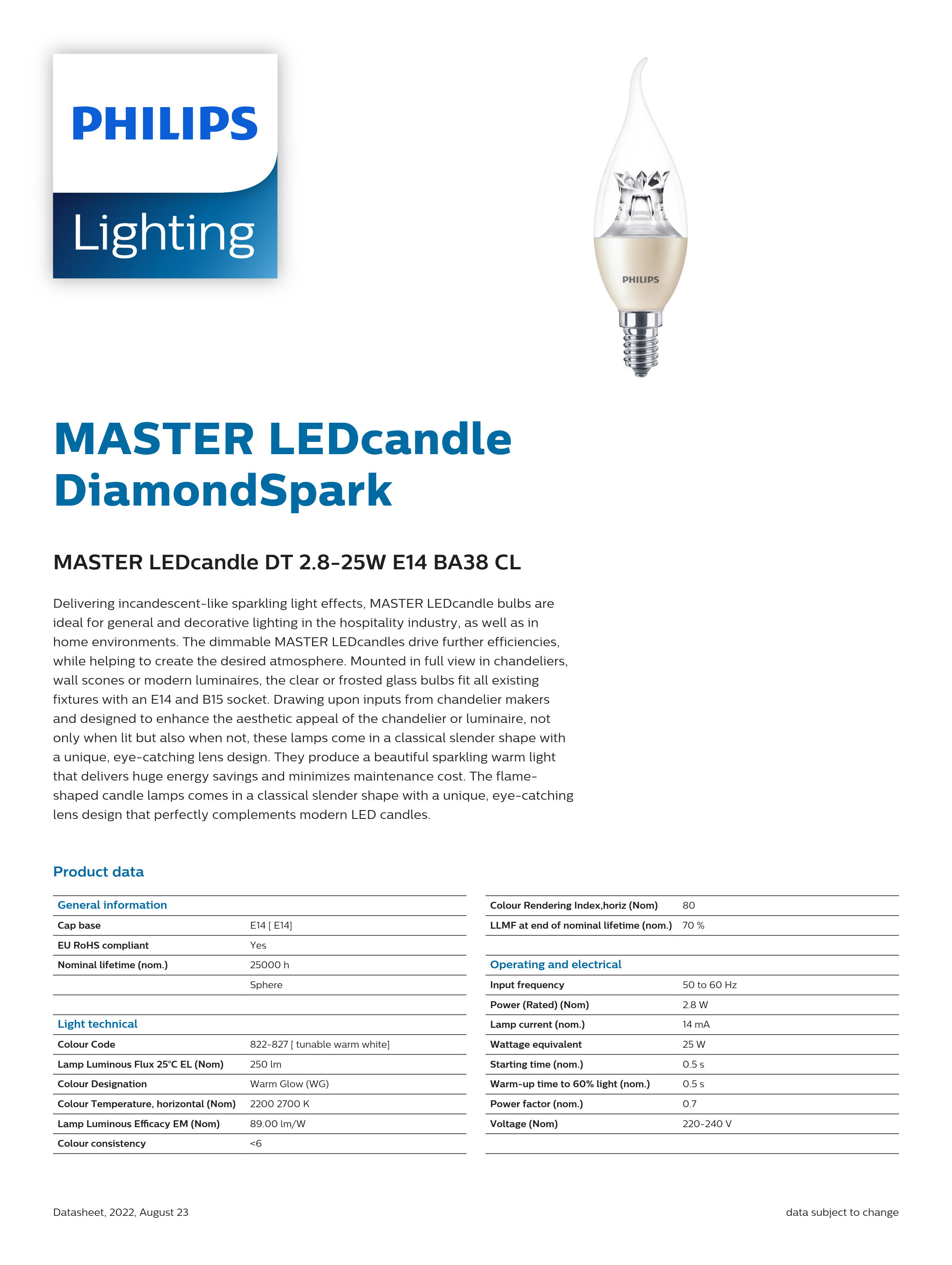 PHILIPS dimmable Bulb MASTER LEDcandle DT 2.8-25W E14 BA38 CL 929002490602