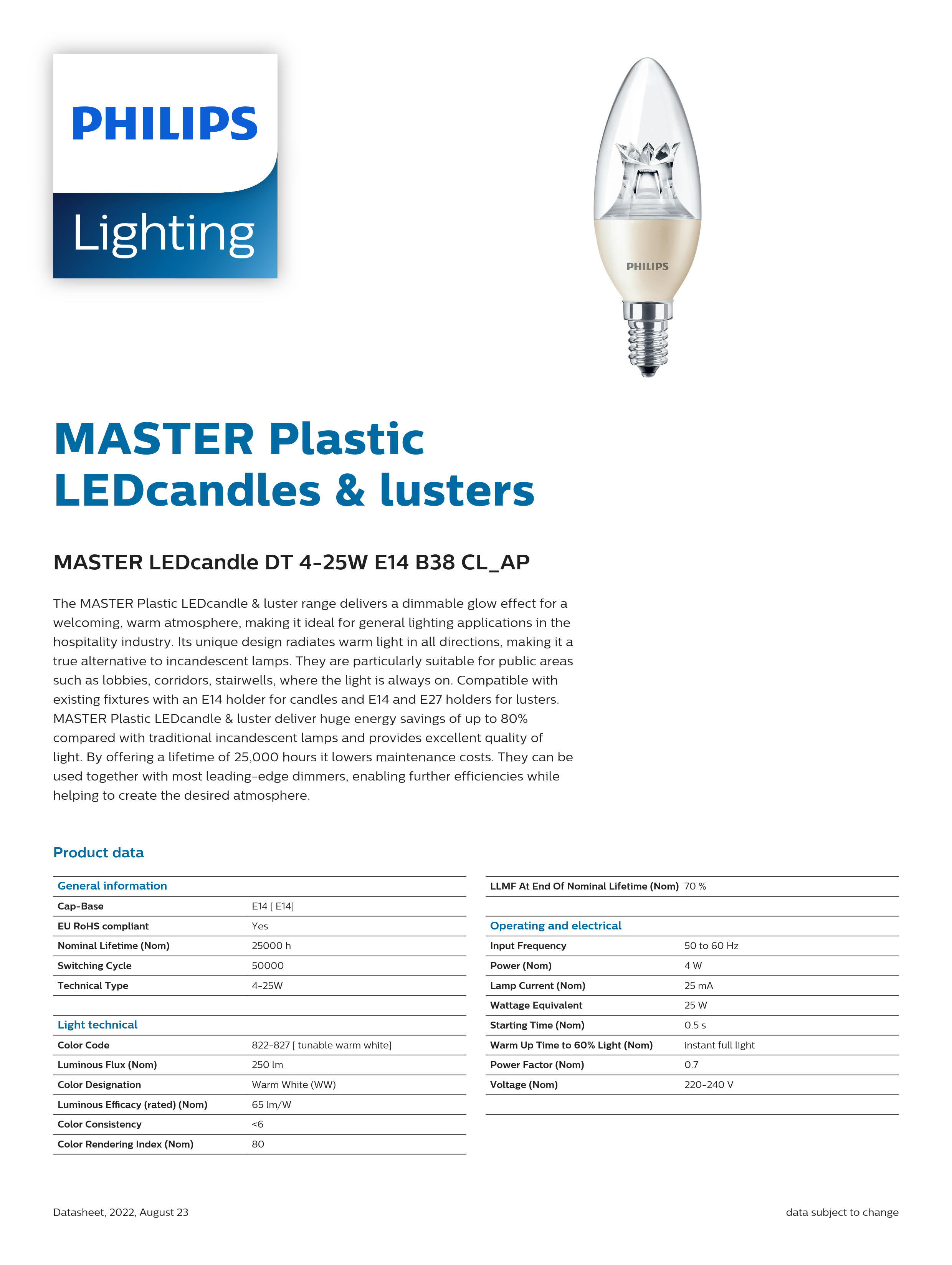 Philips dimmable bulb MASTER LED candle DT 4-25W E14 B38 CL_AP 929001139808