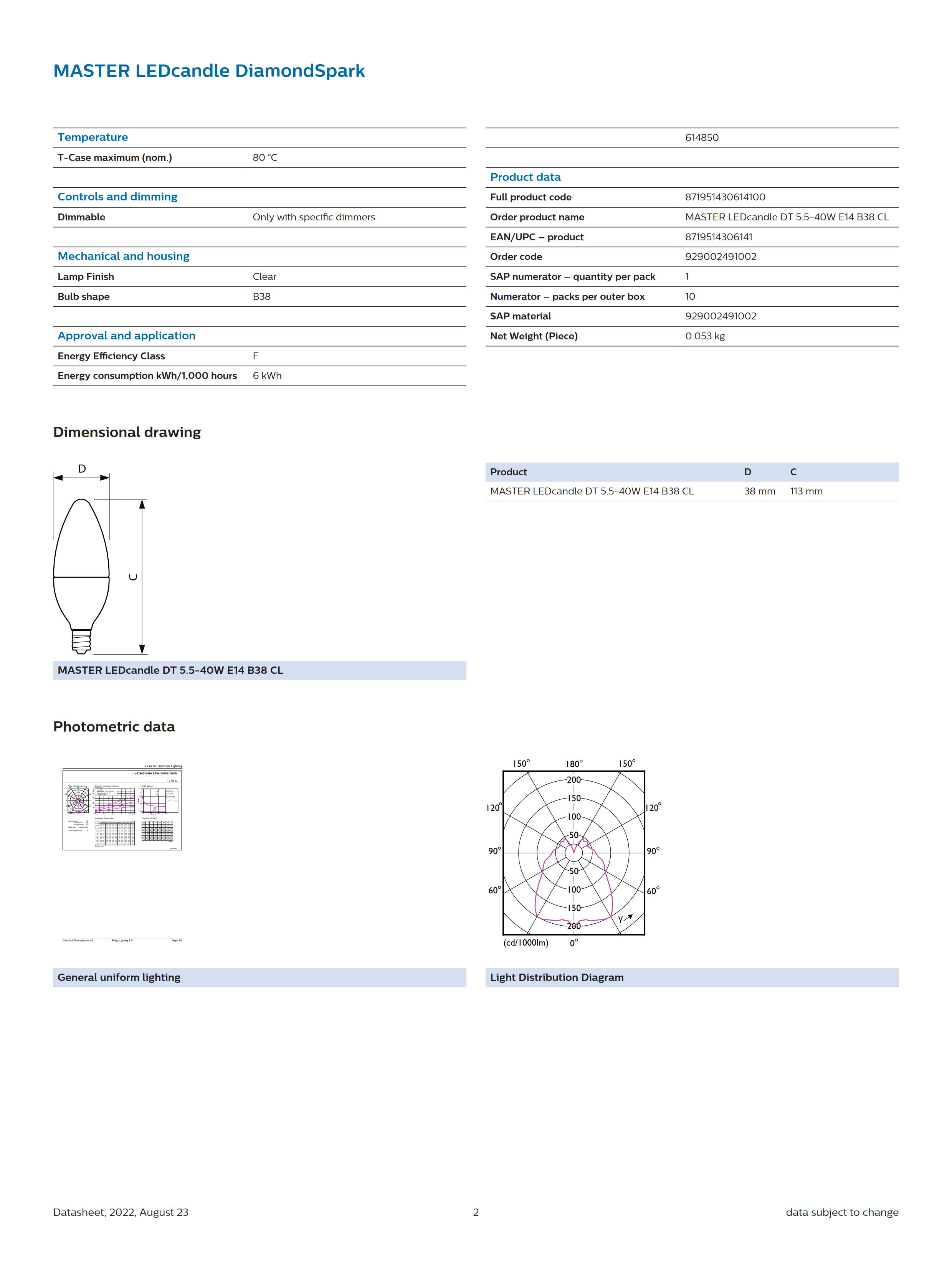 Philips Dimmable bulb MASTER LEDcandle DT 5.5-40W E14 B38 CL 929002491002