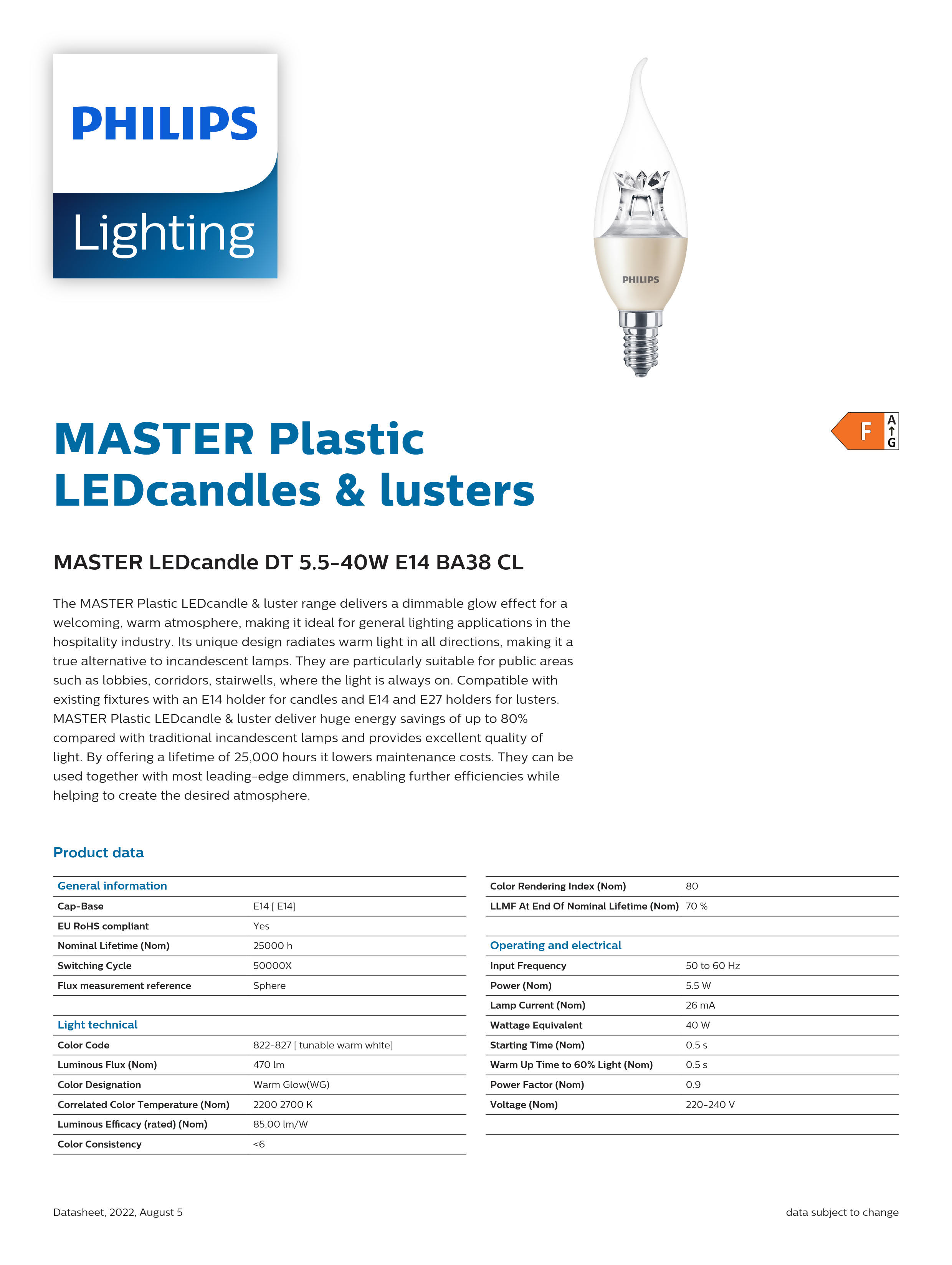 Philips dimmable bulb MASTER LEDcandle DT 5.5-40W E14 BA38 CL 929002491302