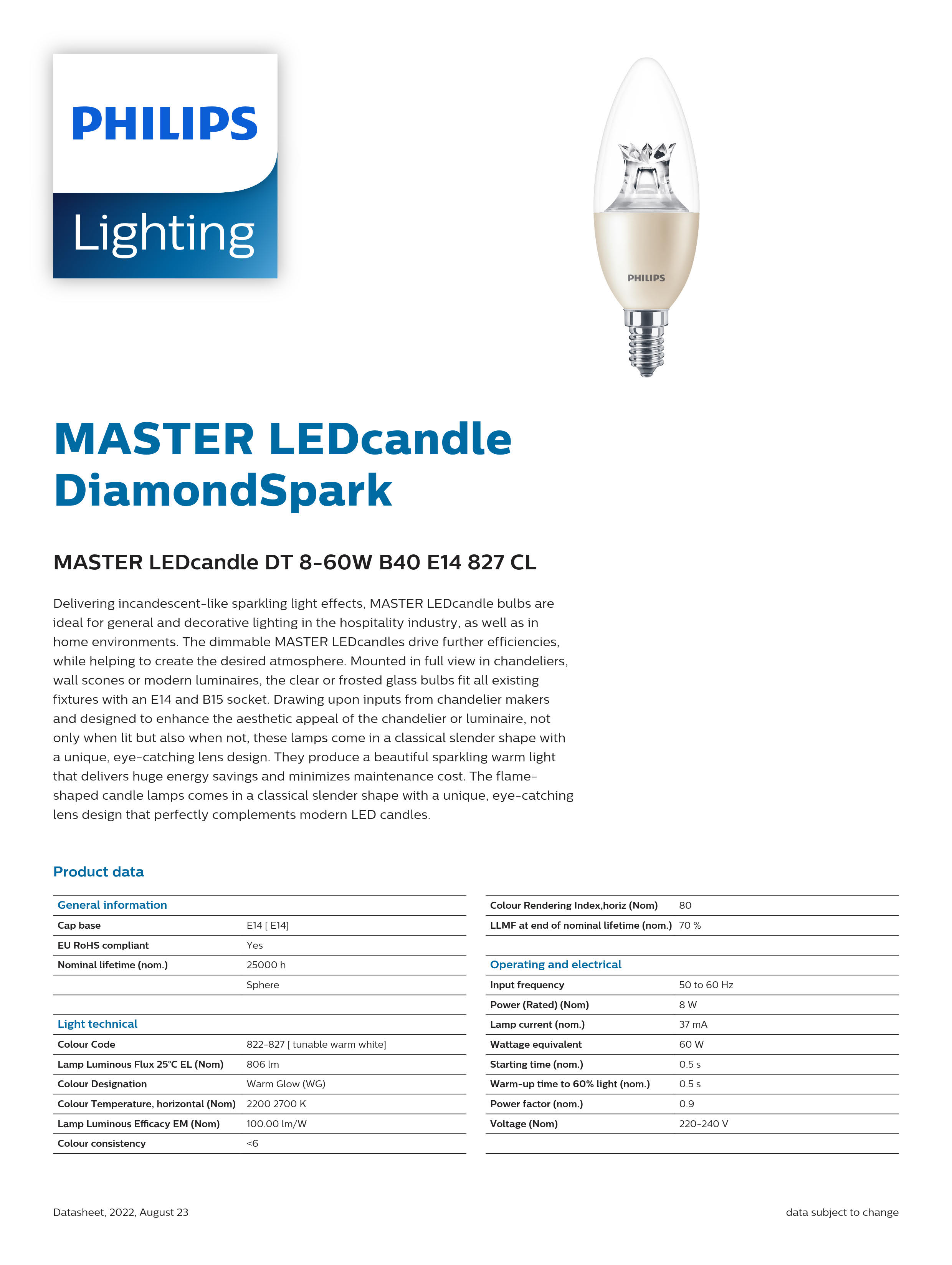 Philips dimmable bulb MASTER LEDcandle DT 8-60W B40 E14 827 CL 929002491702