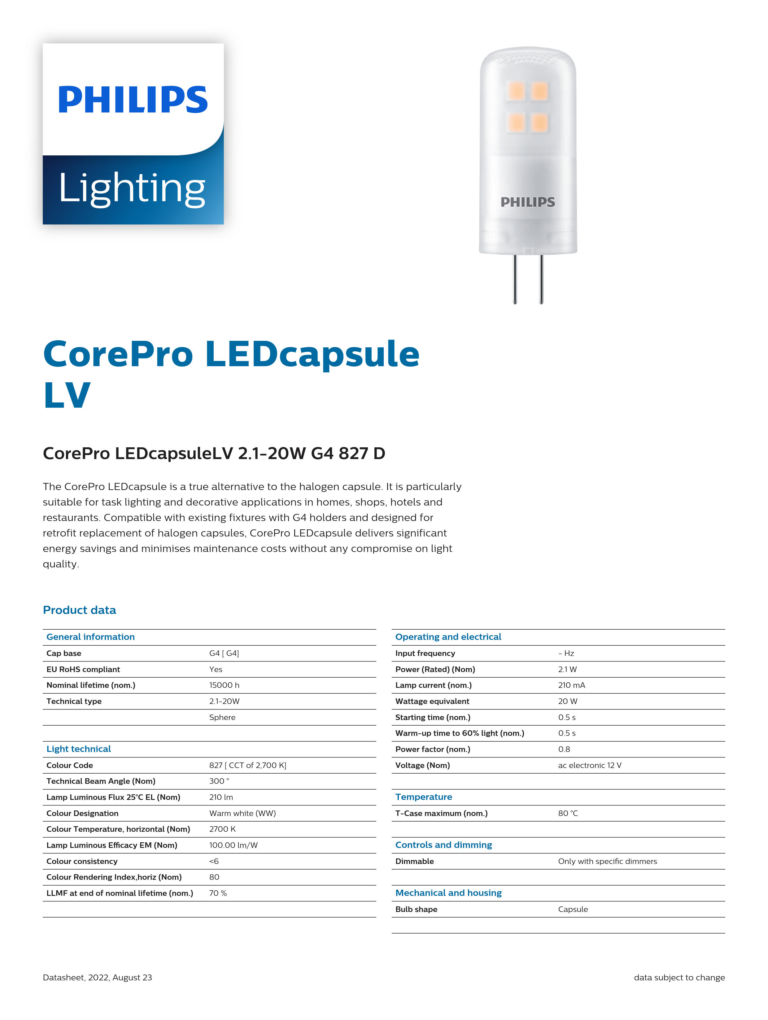 PHILIPS G4 bulb CorePro LEDcapsuleLV 2.1-20W G4 827 D 929002389402