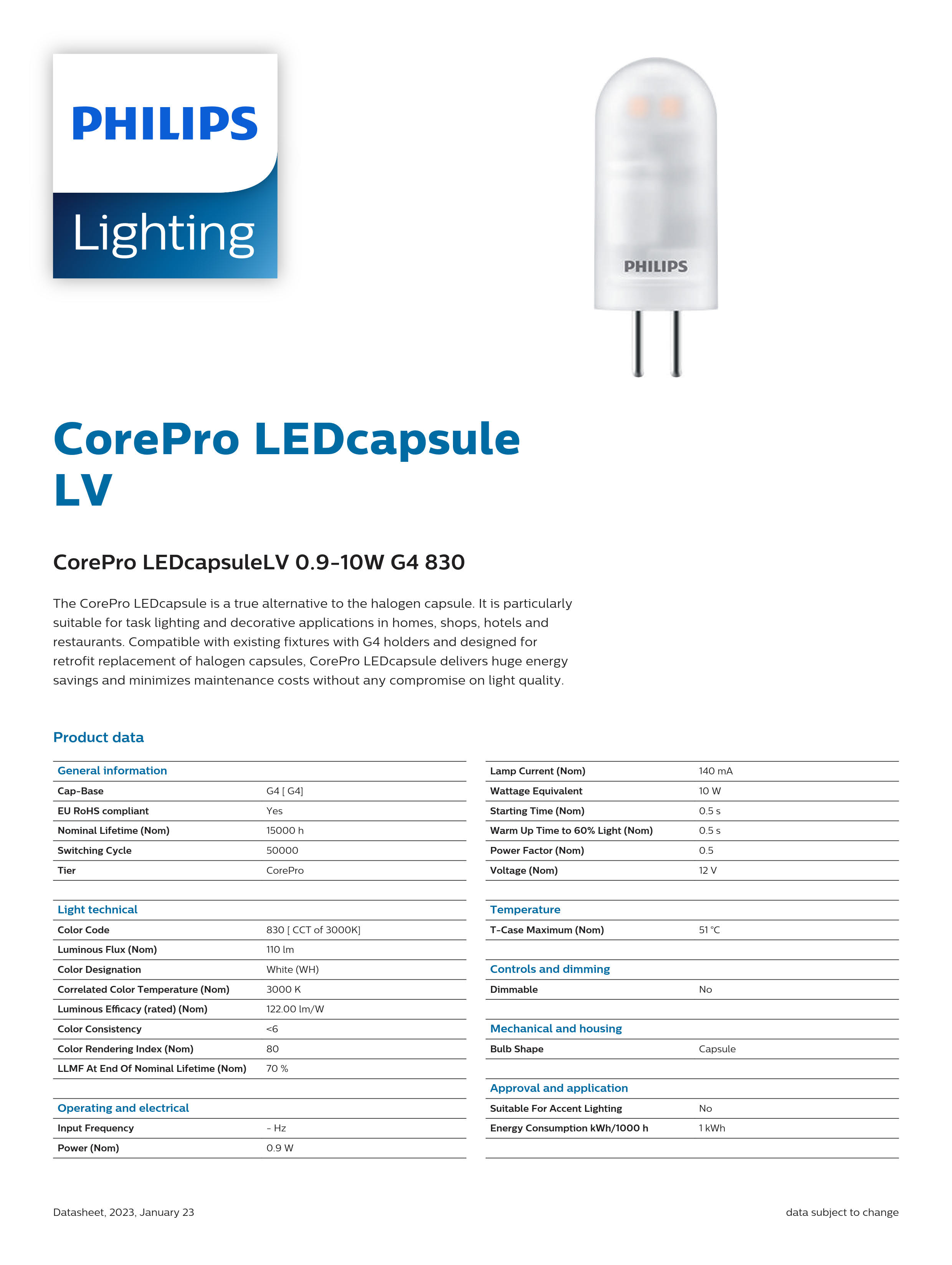 PHILIPS CorePro LED capsuleLV 0.9-10W G4 830 929001844002