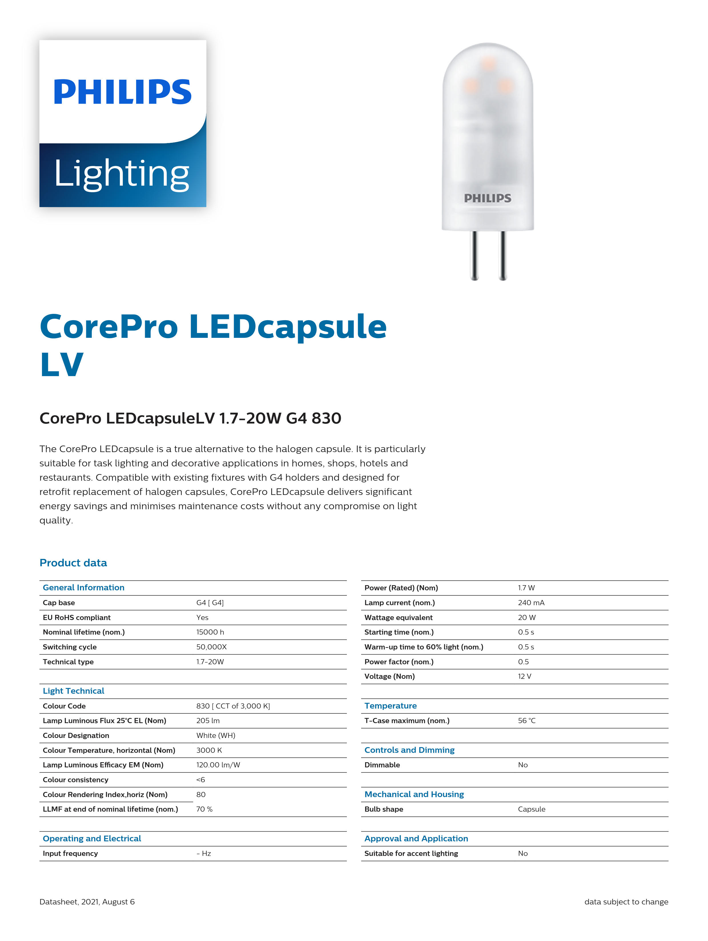 PHILIPS CorePro LEDcapsuleLV 1.7-20W G4 830 929001844202