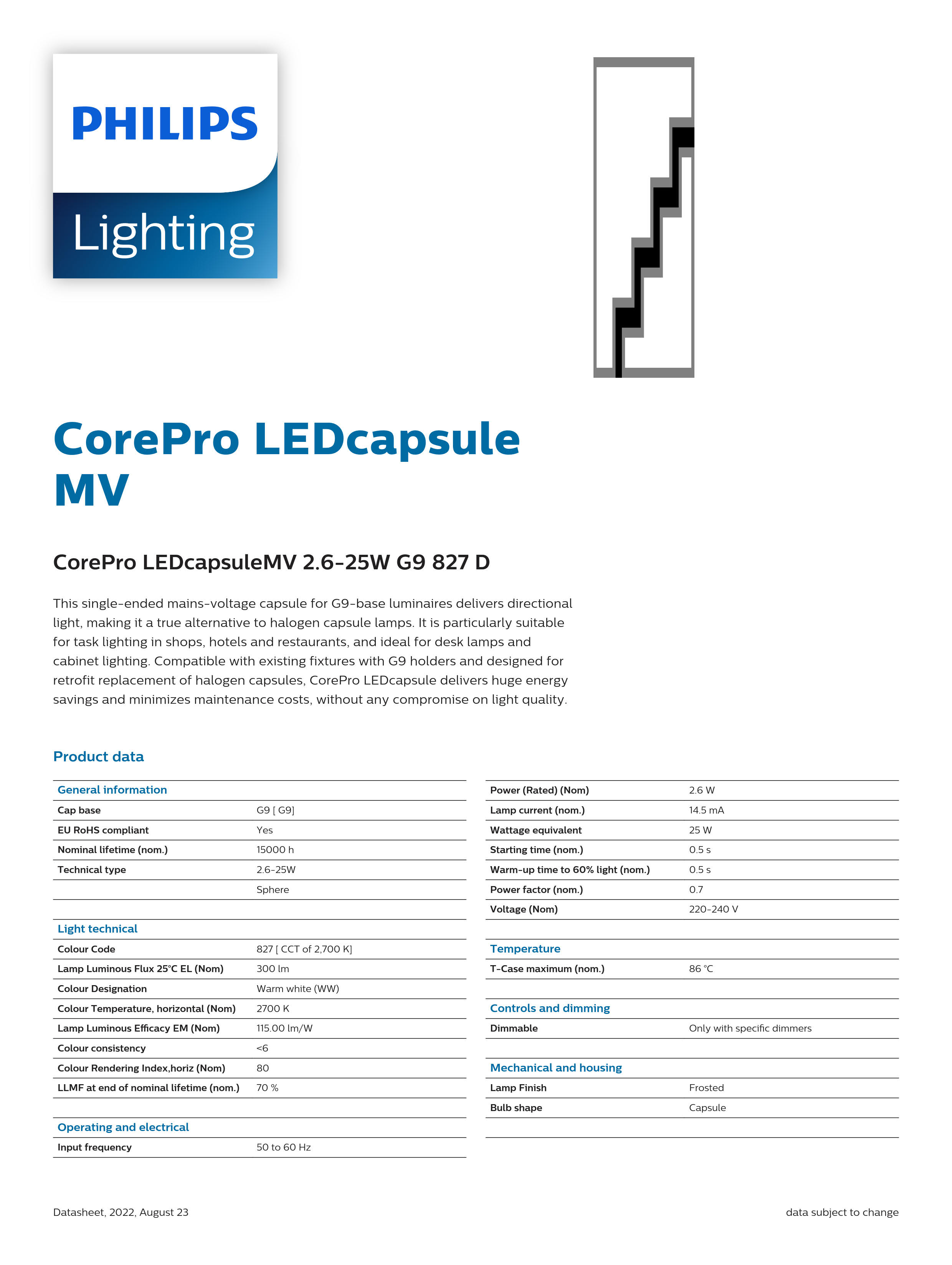 PHILIPS G9 bulb CorePro LEDcapsuleMV 2.6-25W G9 827 D 929002389902