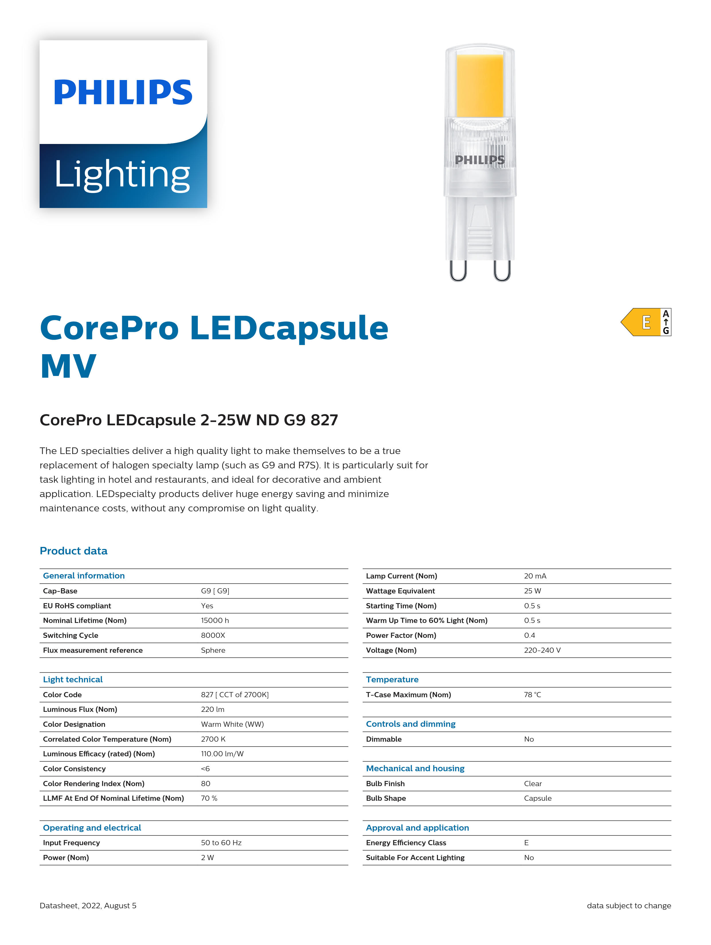 PHILIPS G9 bulb CorePro LEDcapsule 2-25W ND G9 827 929002495202