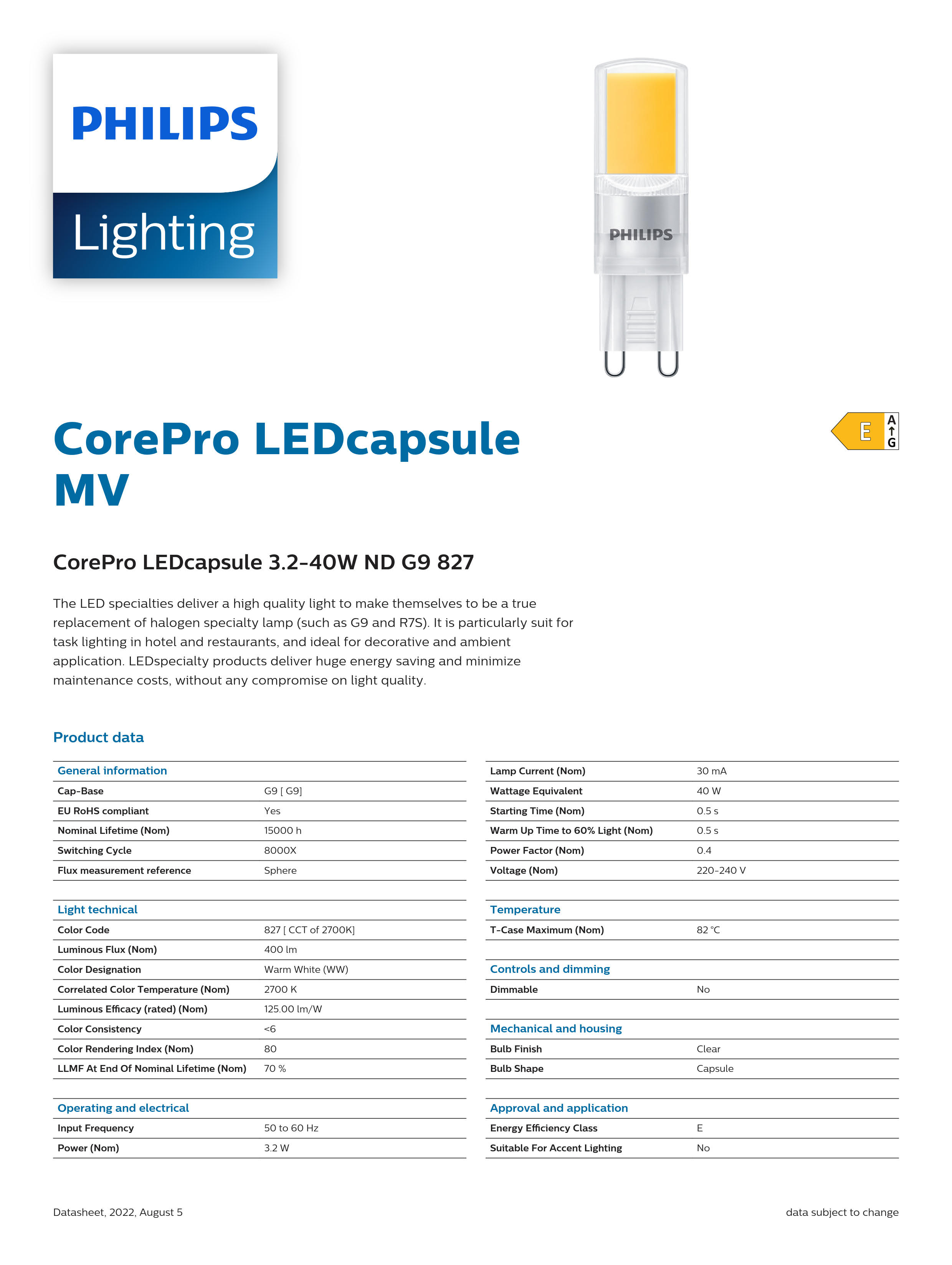 PHILIPS G9 bulb CorePro LEDcapsule 3.2-40W ND G9 827 929002495502