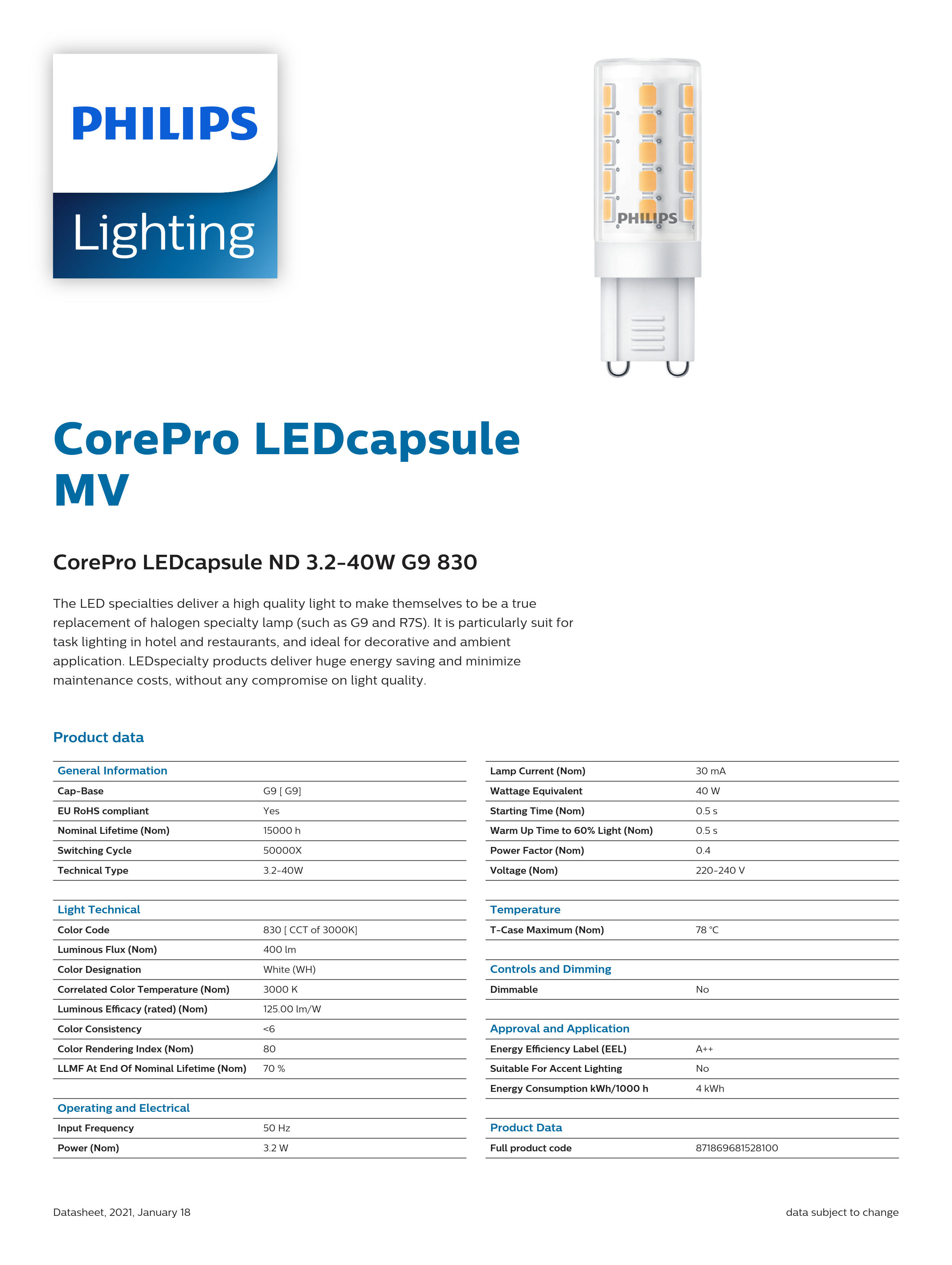 PHILIPS CorePro LEDcapsule ND 3.2-40W G9 830 929001903002