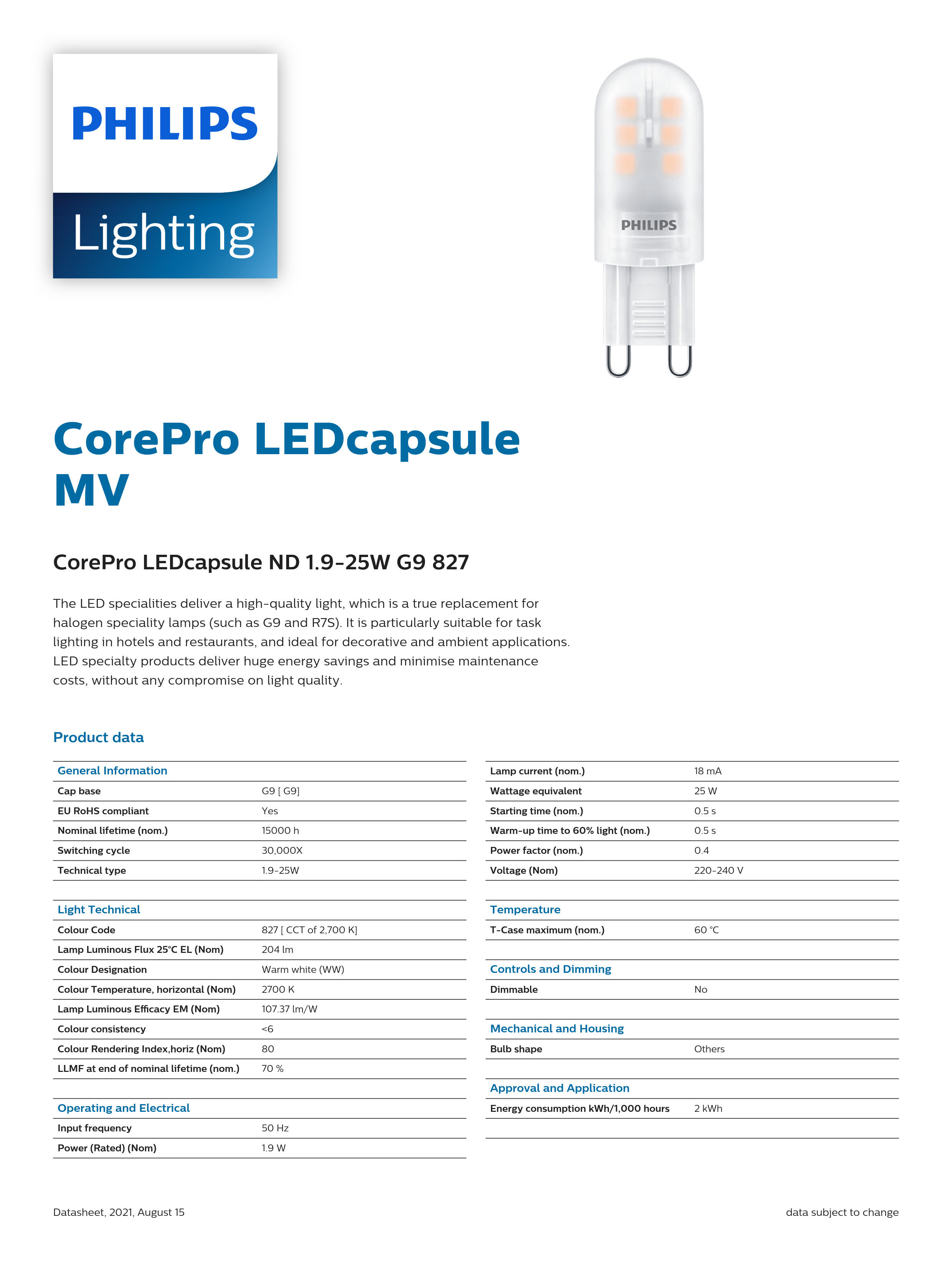 PHILIPS CorePro LEDcapsule ND 1.9-25W G9 827 929001323802