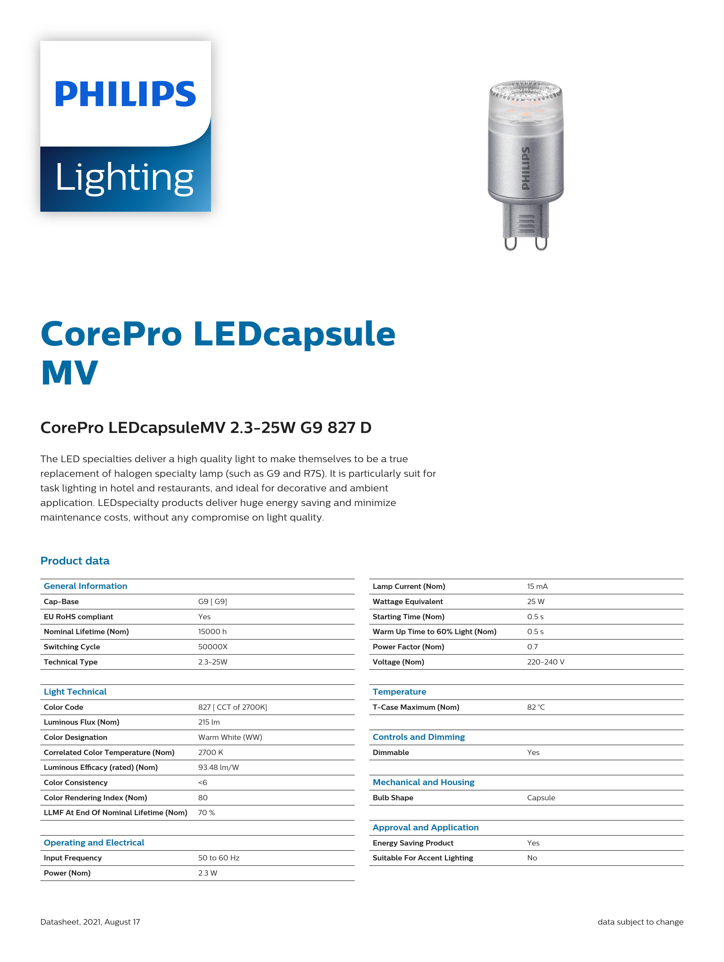 PHILIPS CorePro LEDcapsuleMV 2.3-25W G9 827 D 929001232002