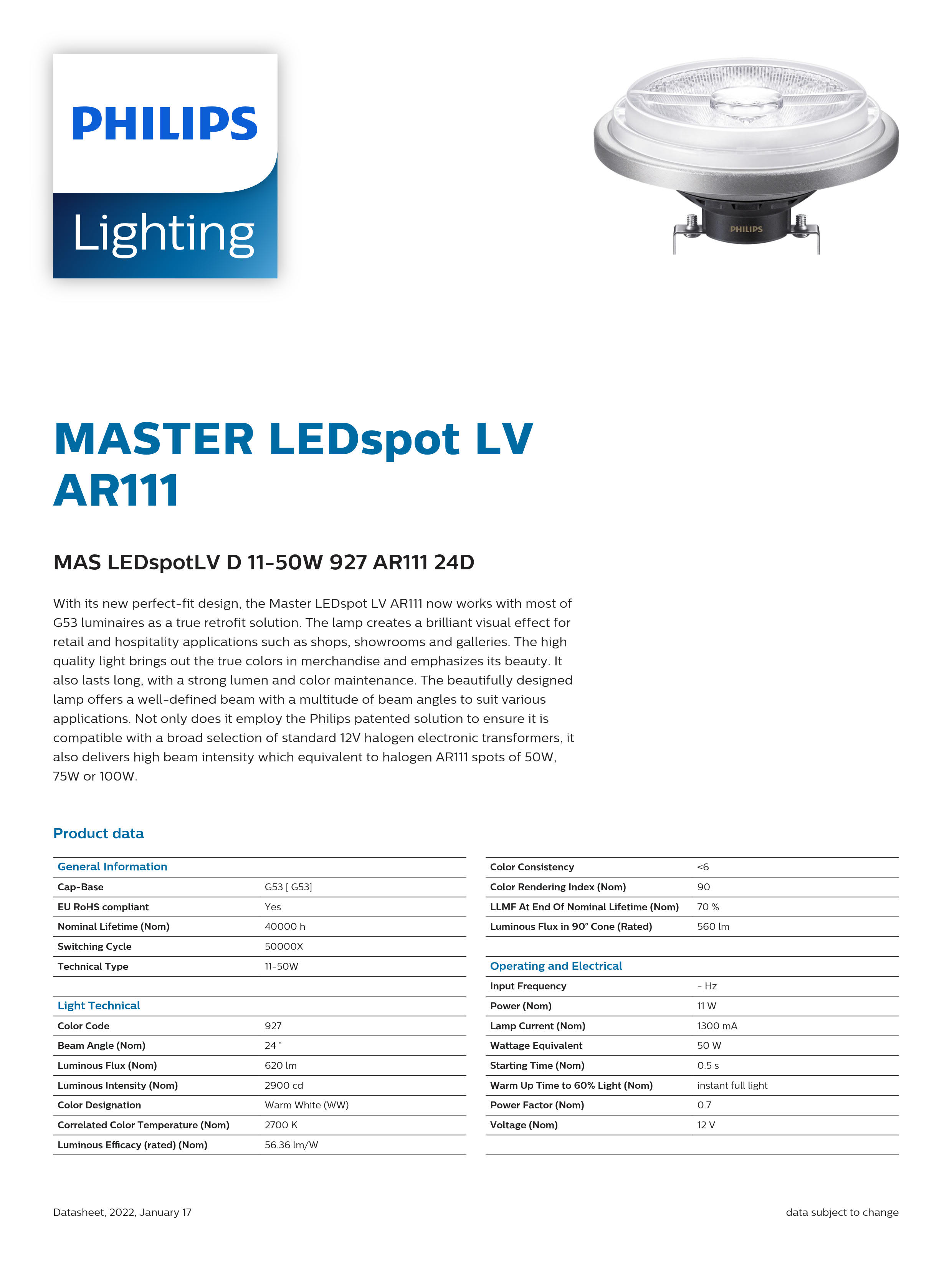 PHILIPS MAS LEDSPOTLV D 11-50W 927 AR111 24D 929001169808