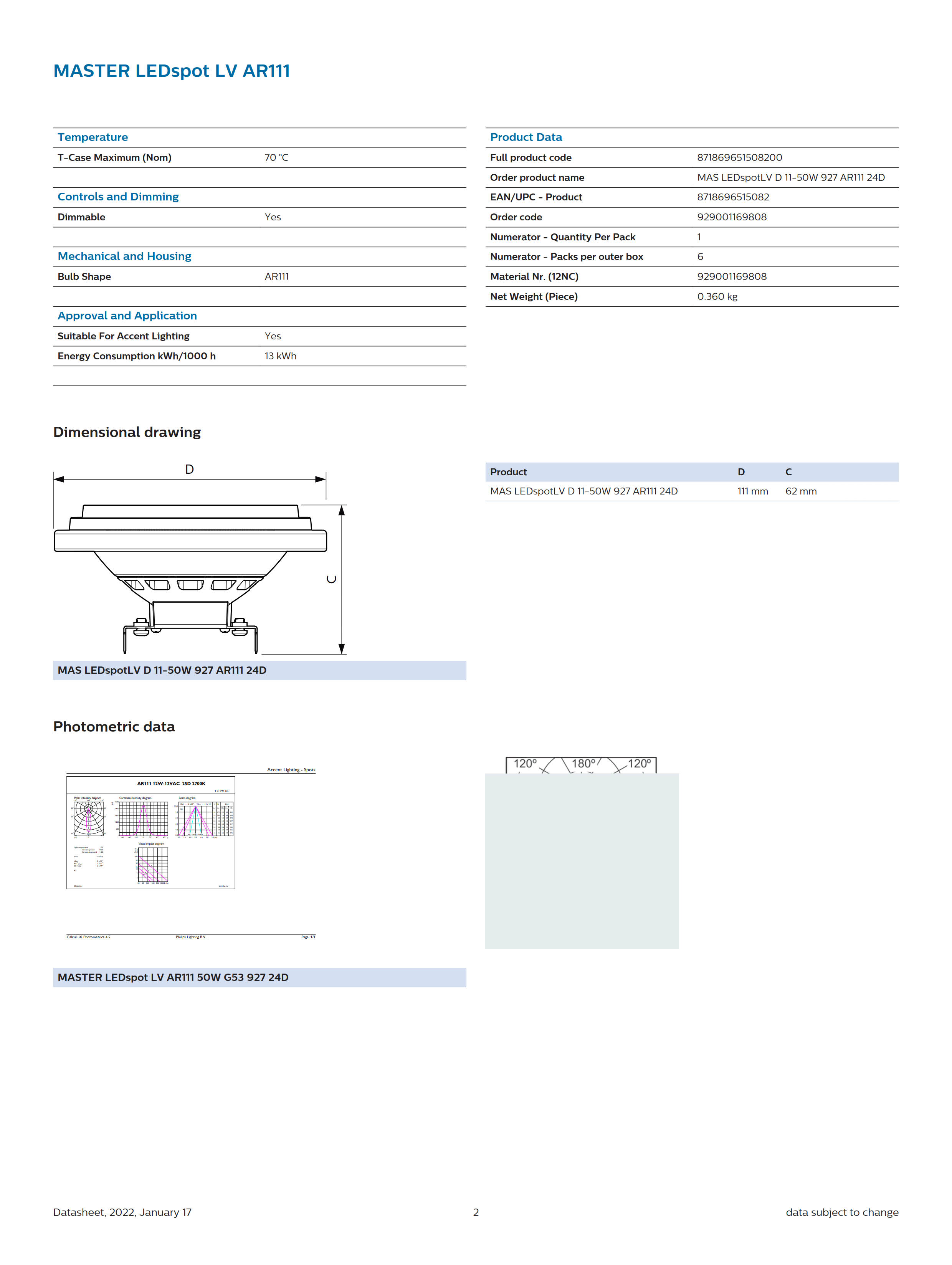 PHILIPS MAS LEDSPOTLV D 11-50W 927 AR111 24D 929001169808